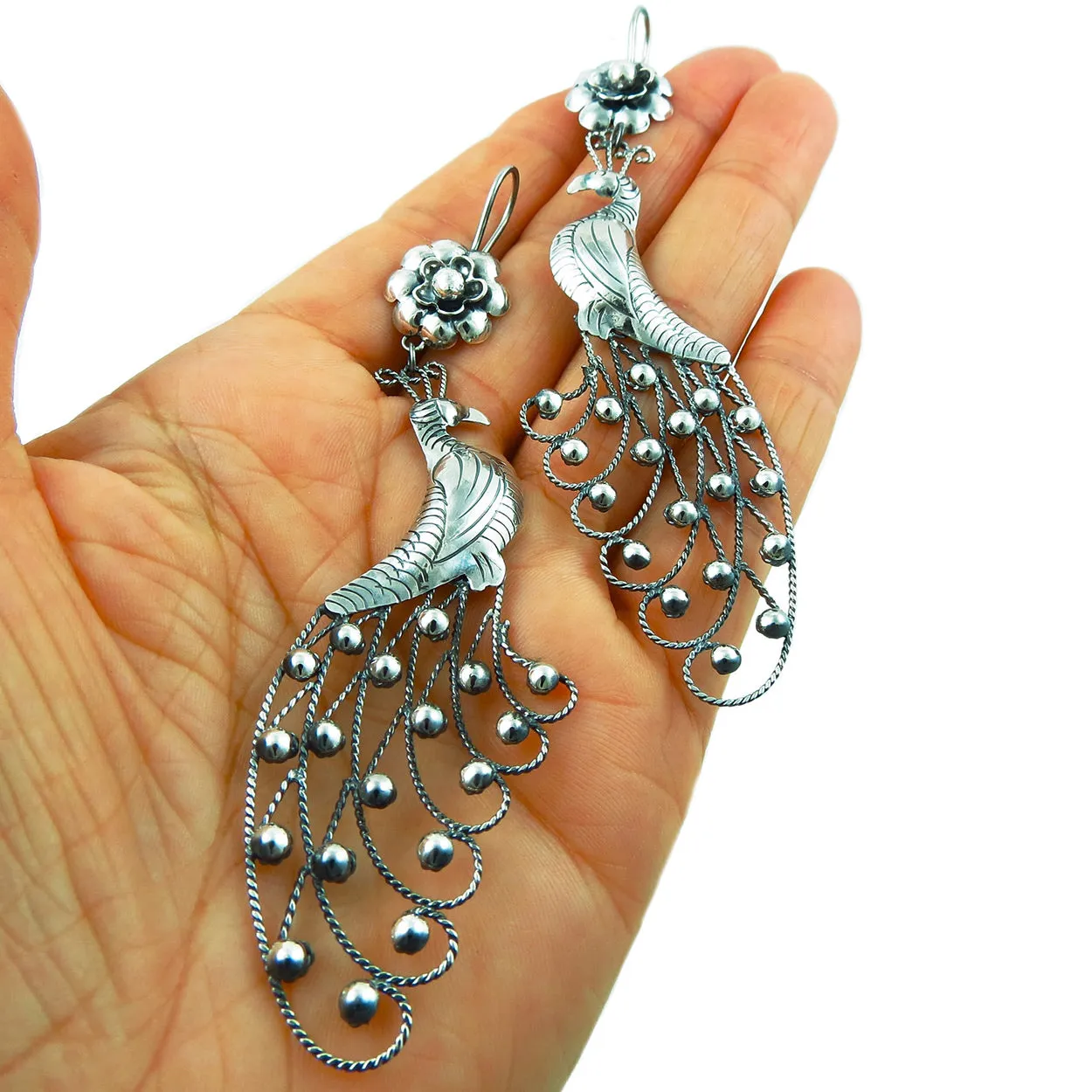 Large Peacock Bird Sterling Silver Chandelier Earrings