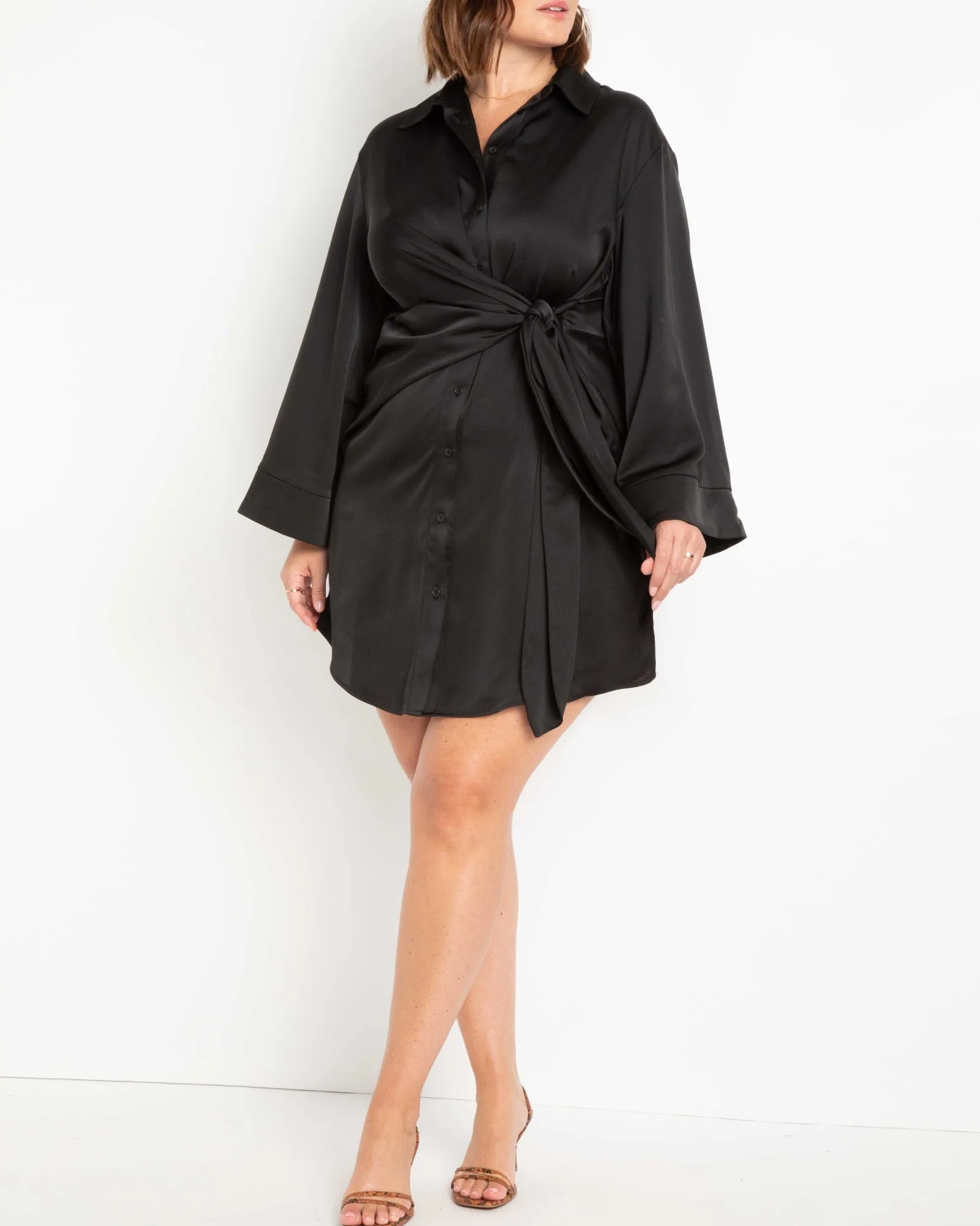 Leann Satin Shirtdress With Tie Waist | Black