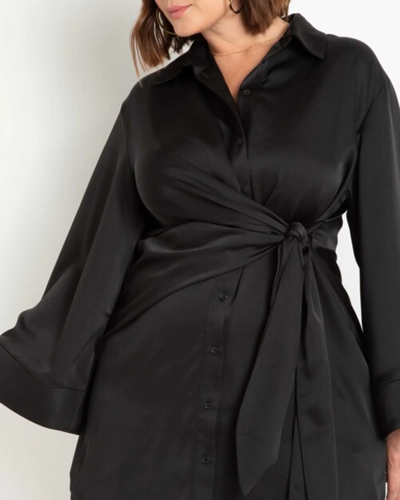 Leann Satin Shirtdress With Tie Waist | Black