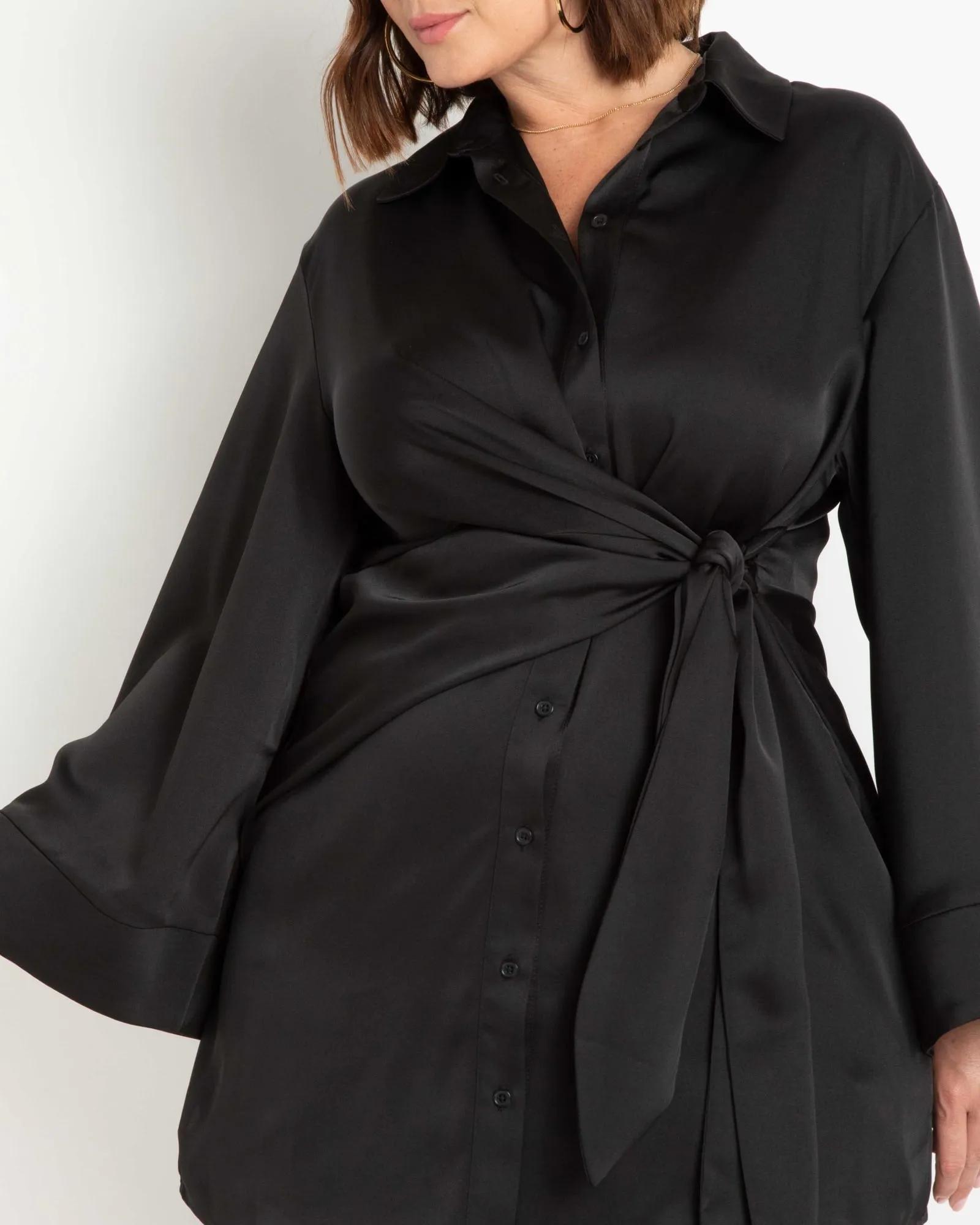 Leann Satin Shirtdress With Tie Waist | Black