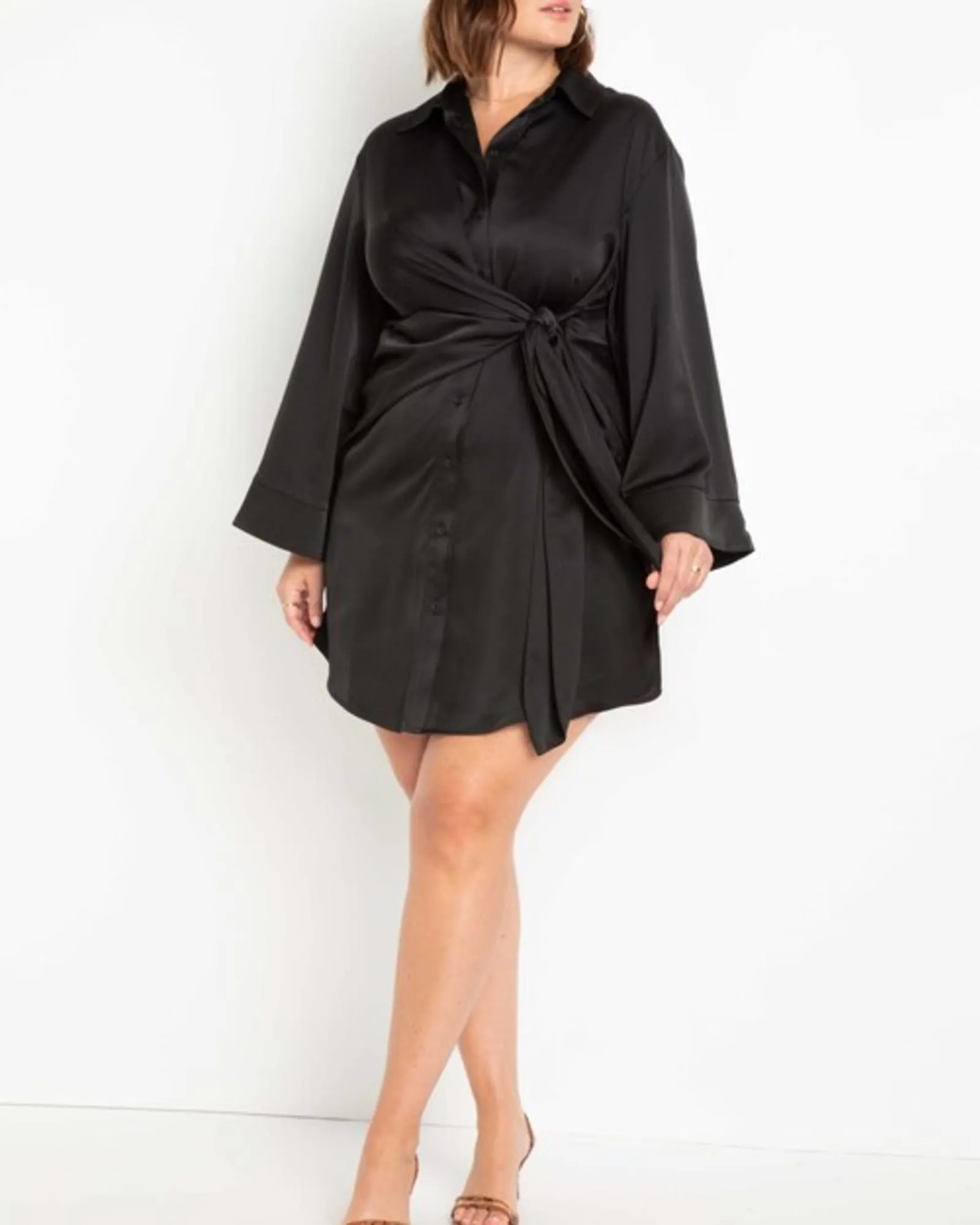 Leann Satin Shirtdress With Tie Waist | Black