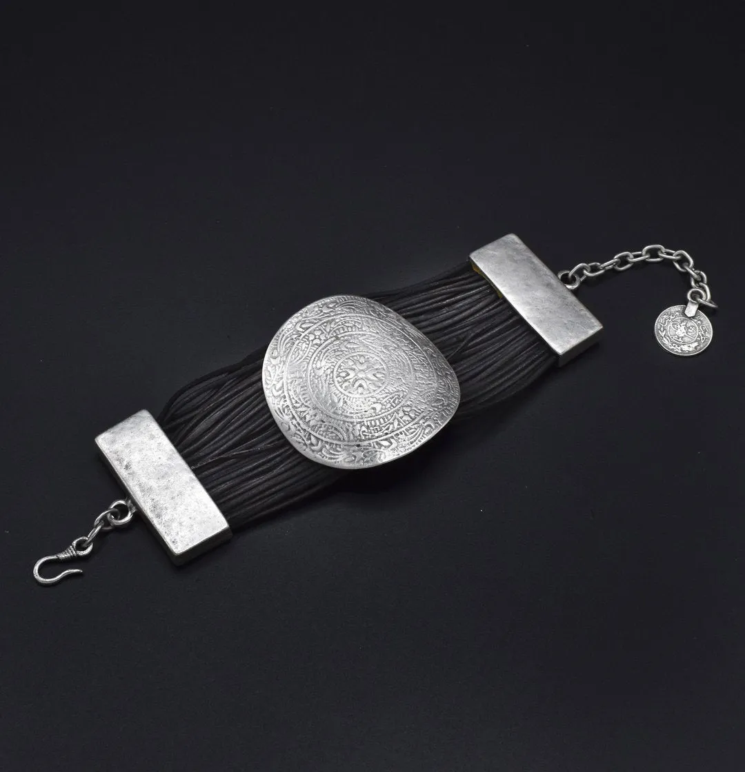 Leather & Pewter Bracelet with Etched Design