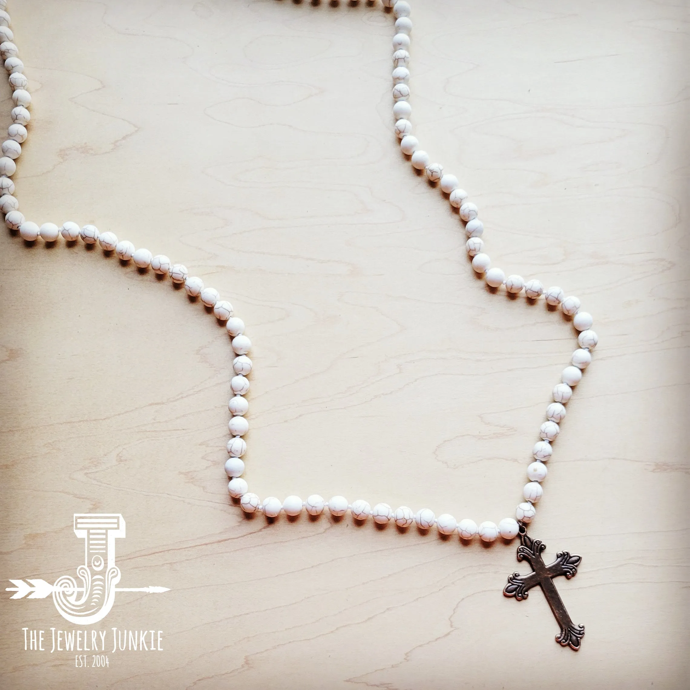 Long White Turquoise Beaded Necklace w/ Copper Cross 259a