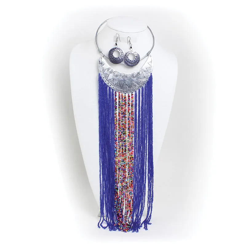 Maasai Silver Gorget Fringe Necklace Set - Blue