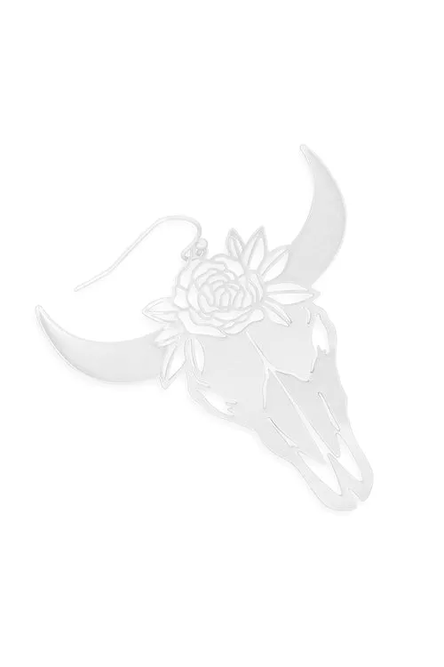 Matte Silver Bull Skull Head Earrings