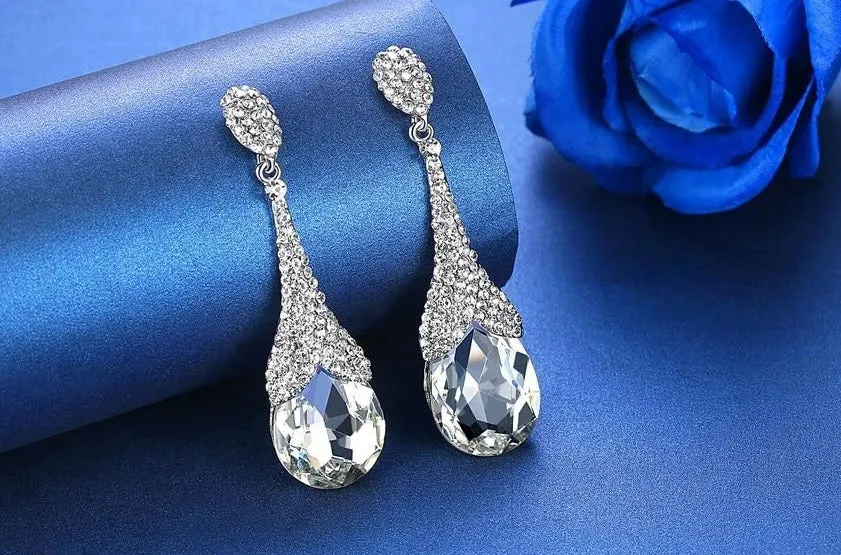 MEC-014 Crystal Pearls Long Drop Earrings Bridal Wedding Jewelry