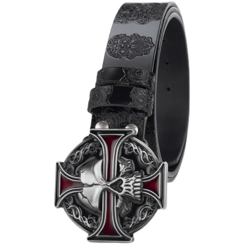 Men's Cross Skull Embossed Pattern Leather Belt