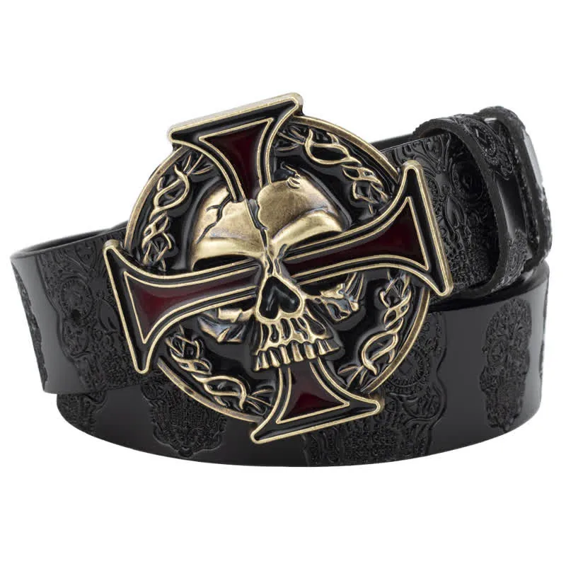 Men's Cross Skull Embossed Pattern Leather Belt