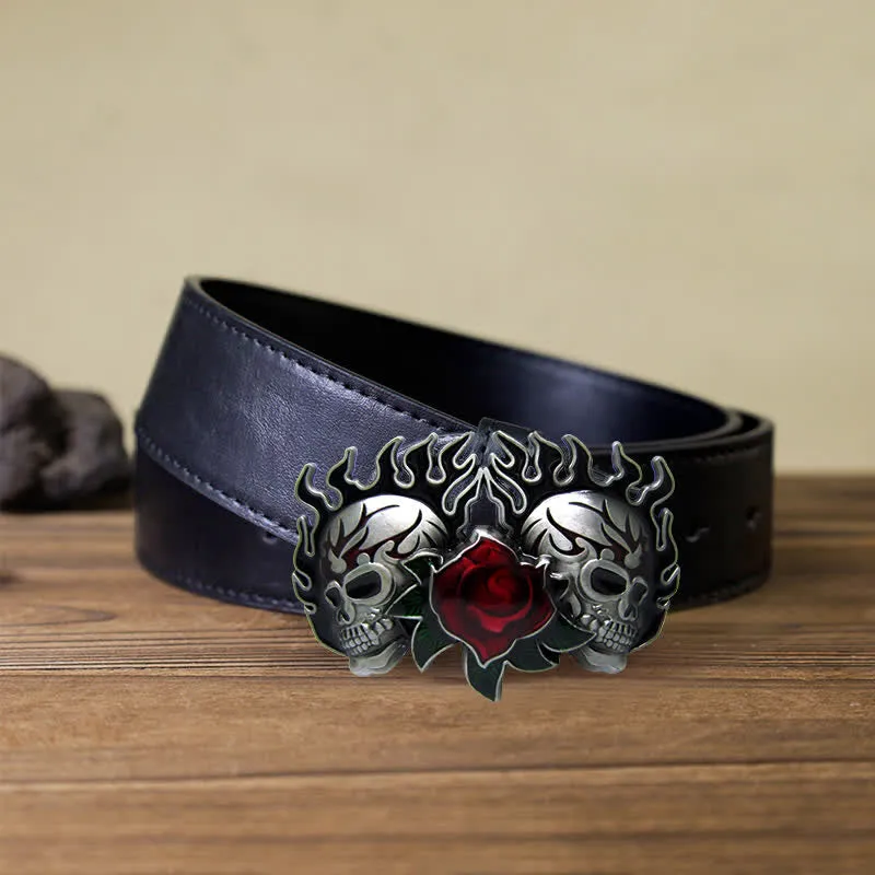 Men's DIY Double Skulls and Roses Buckle Leather Belt