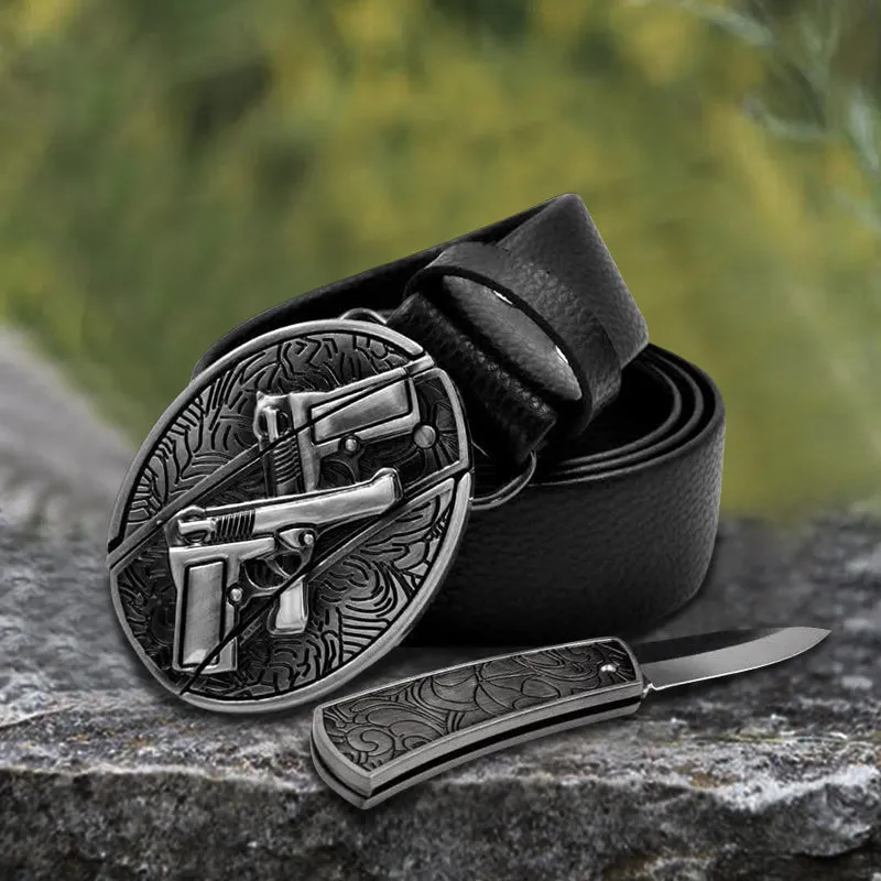 Men's Double Gun Leather Belt With Folding Knife