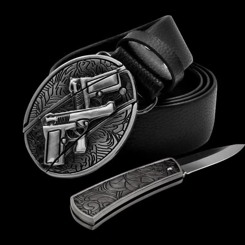 Men's Double Gun Leather Belt With Folding Knife