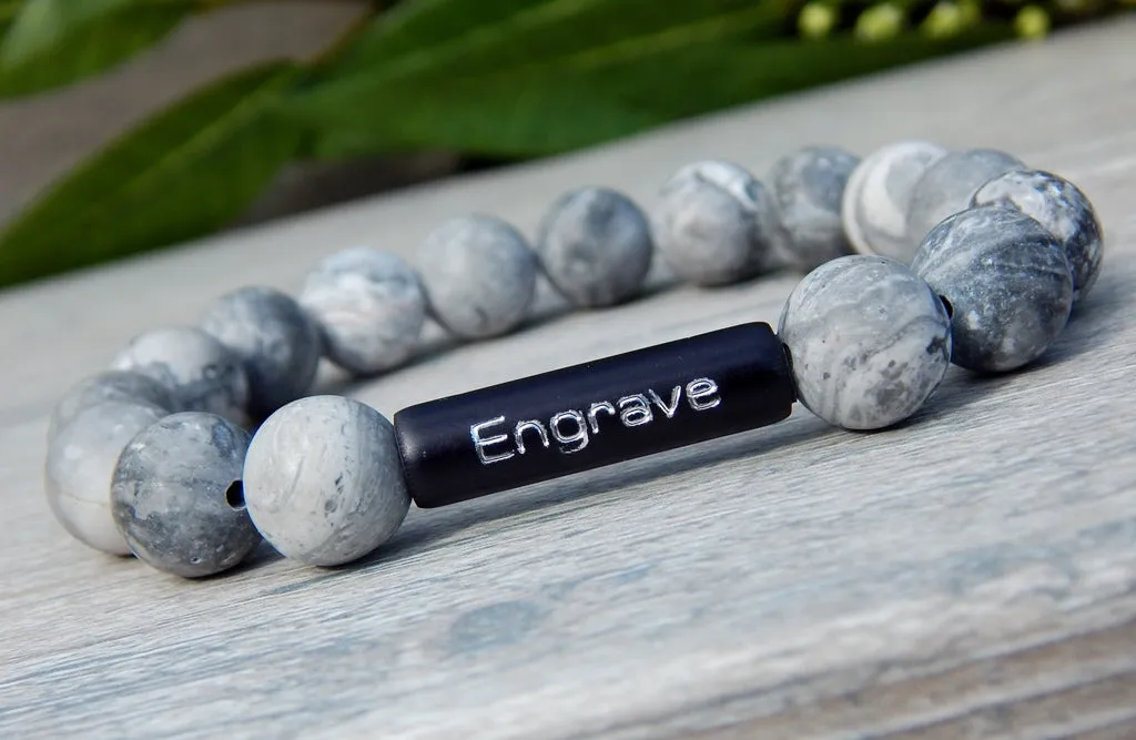 Mens Engraved Bracelet - Black and White Beaded Jewelry