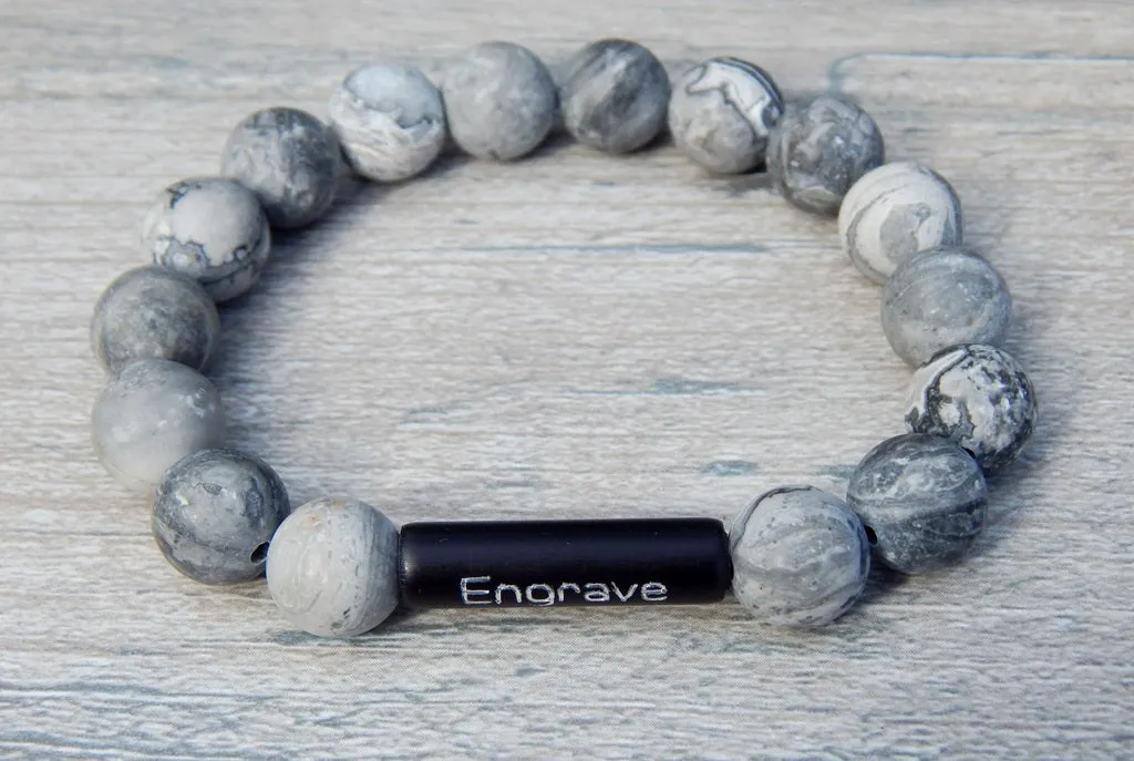 Mens Engraved Bracelet - Black and White Beaded Jewelry