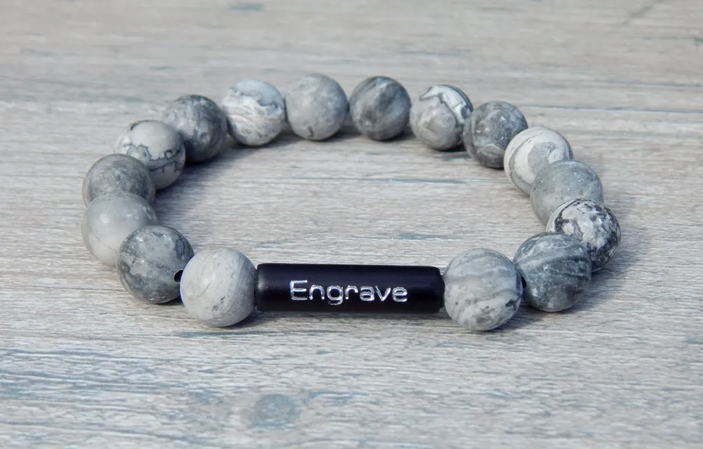 Mens Engraved Bracelet - Black and White Beaded Jewelry