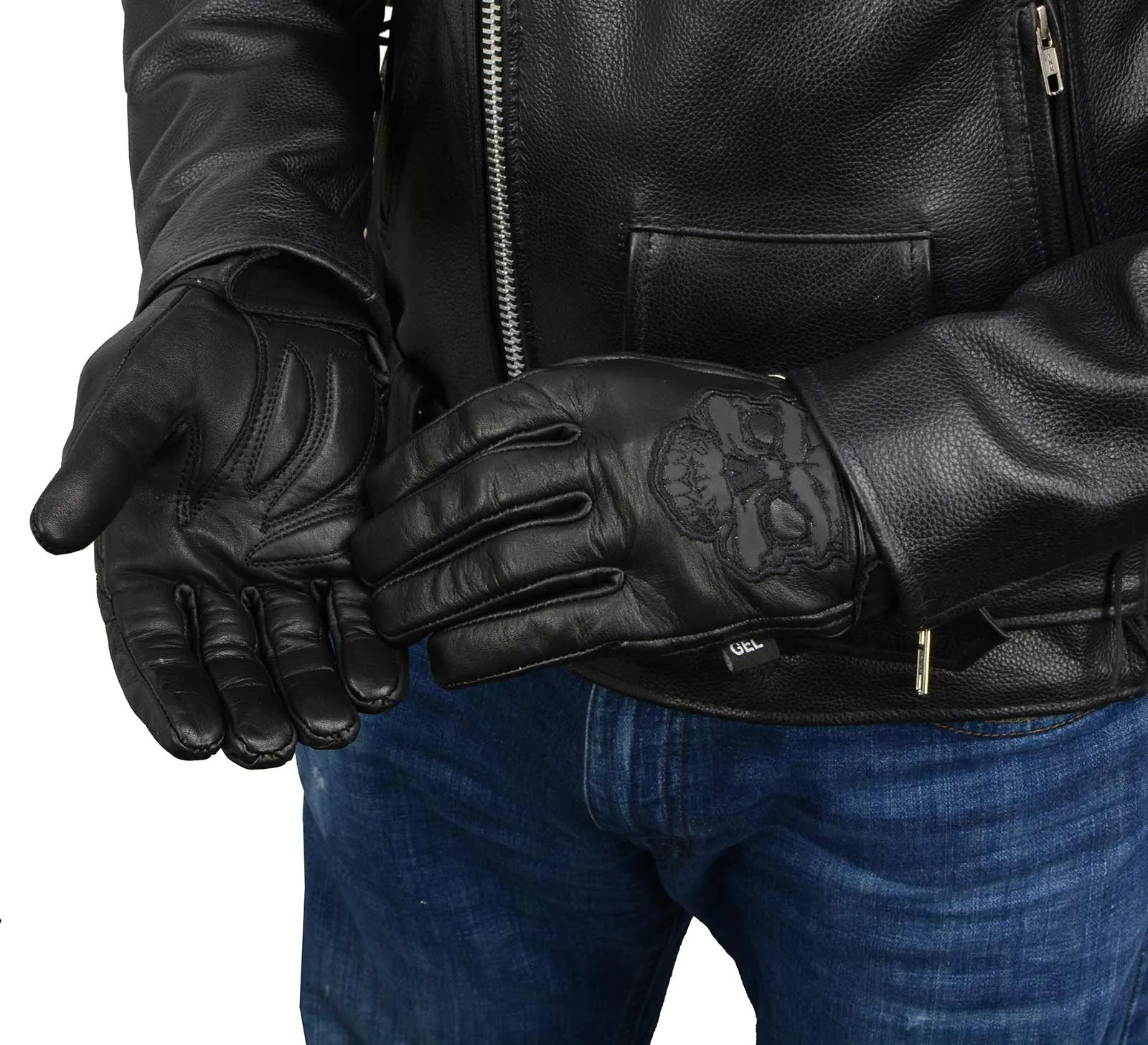 Milwaukee Leather Men's Black Leather ‘Reflective Skull’ Motorcycle Hand Gloves W/Gel Padded Palm MG7570