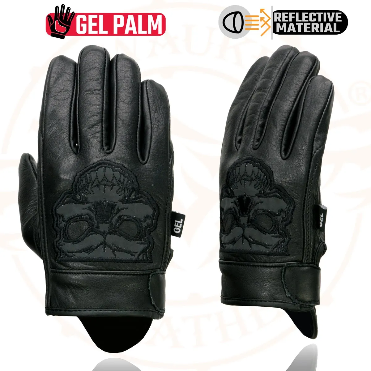 Milwaukee Leather Men's Black Leather ‘Reflective Skull’ Motorcycle Hand Gloves W/Gel Padded Palm MG7570