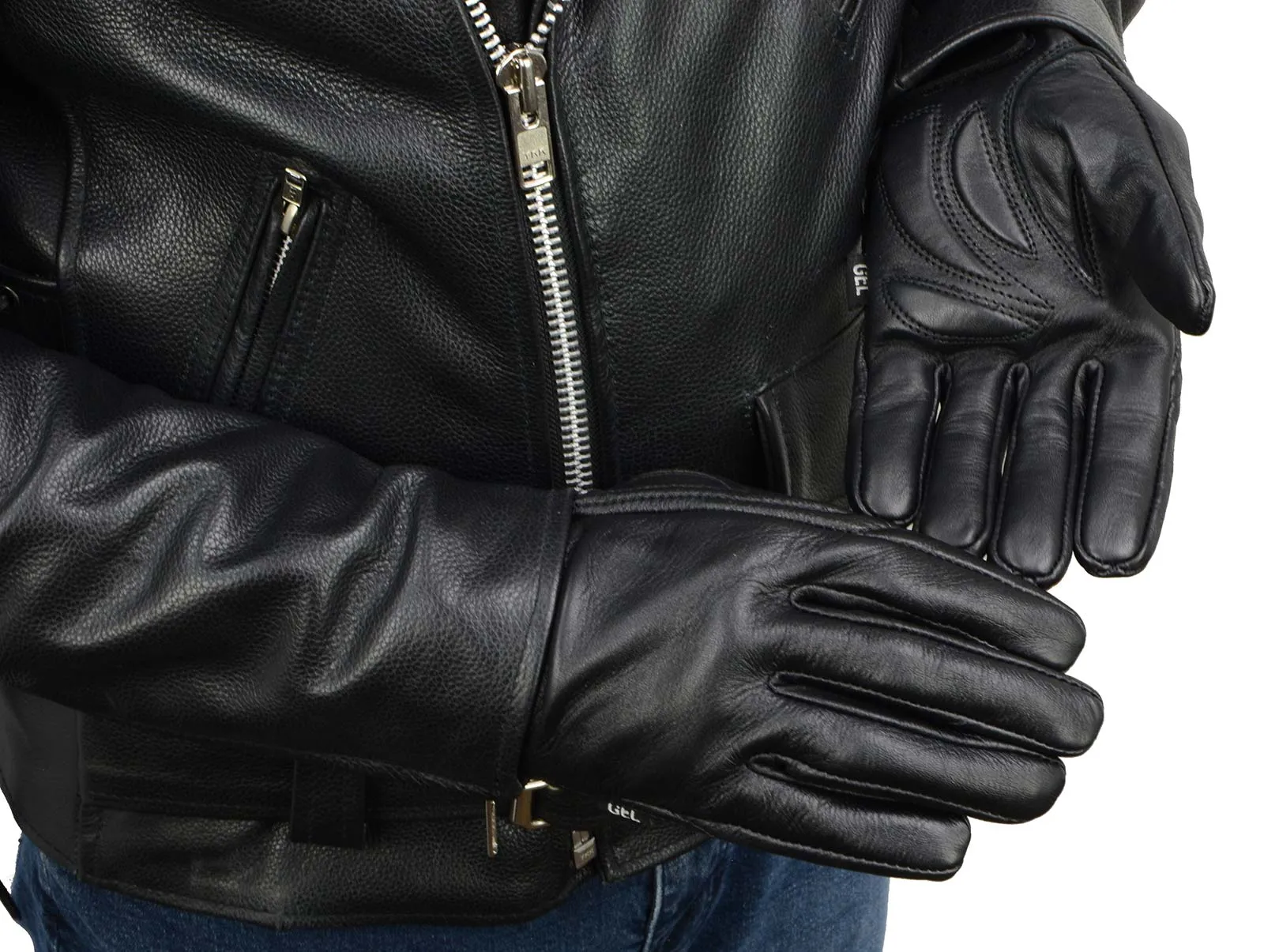 Milwaukee Leather MG7510 Men's Black Leather Gel Padded Palm Short Wrist Motorcycle Hand Gloves W/ ‘Full Panel Cover’