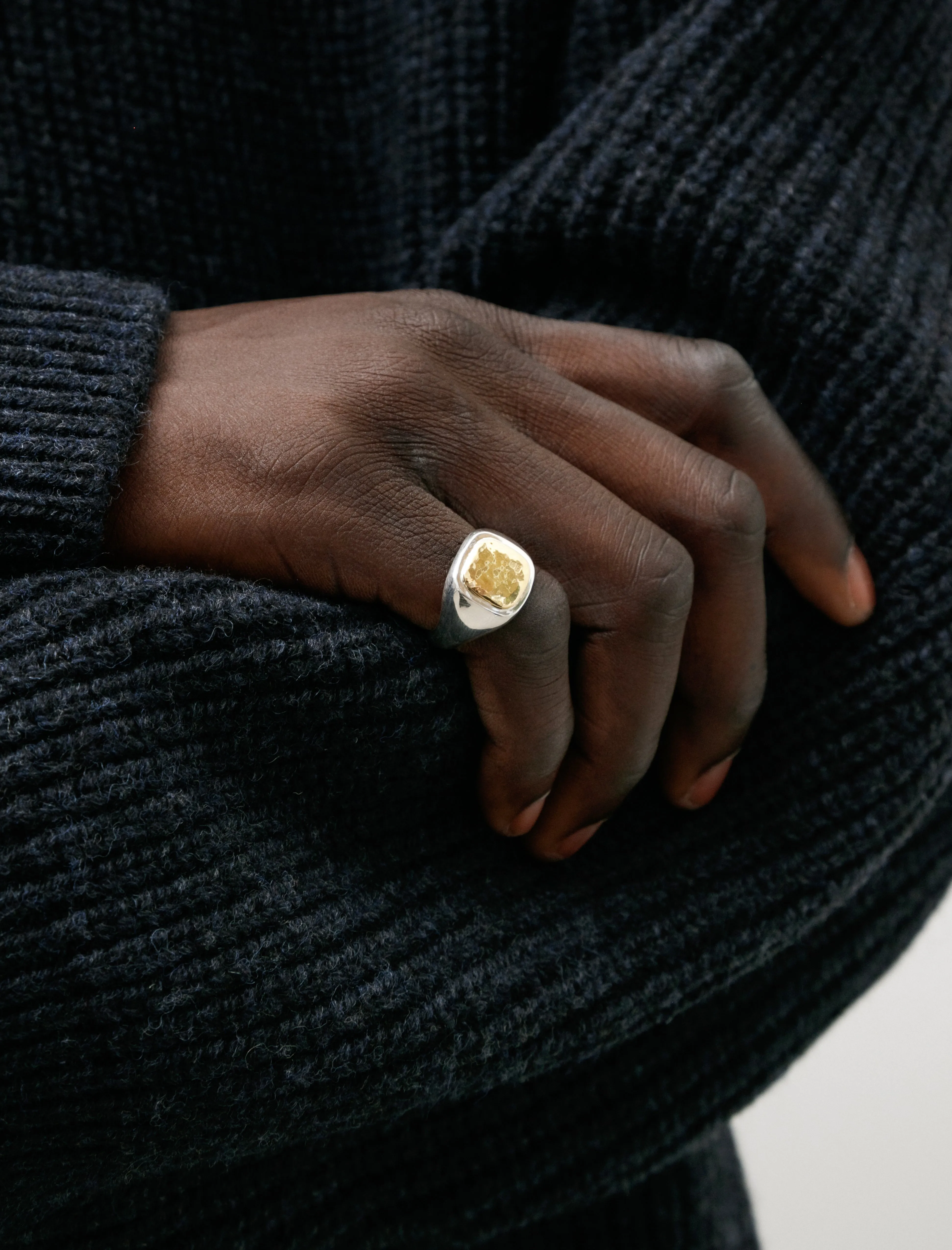 Mini Cushion Signet Ring Hammered Silver Yellow Gold