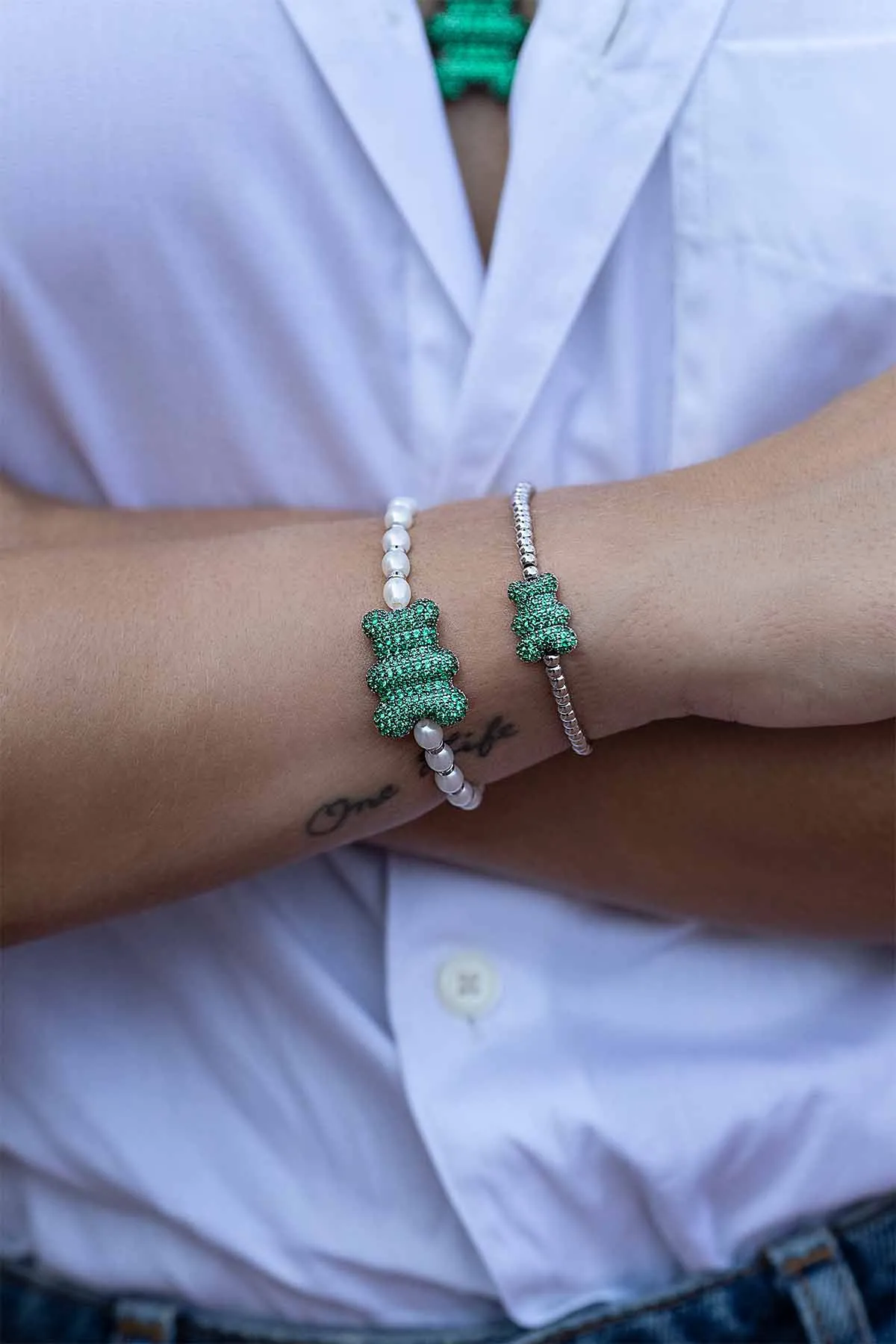 Mint Yummy Bear Bracelet with Pearls