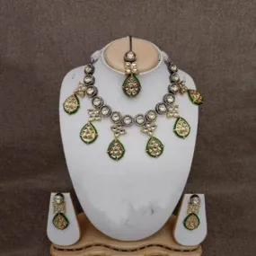 Multi Jadau Drop Split Necklace Earring And Teeka Set