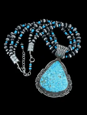 Native American Kingman Turquoise Pendant With Beaded Necklace and Earrings