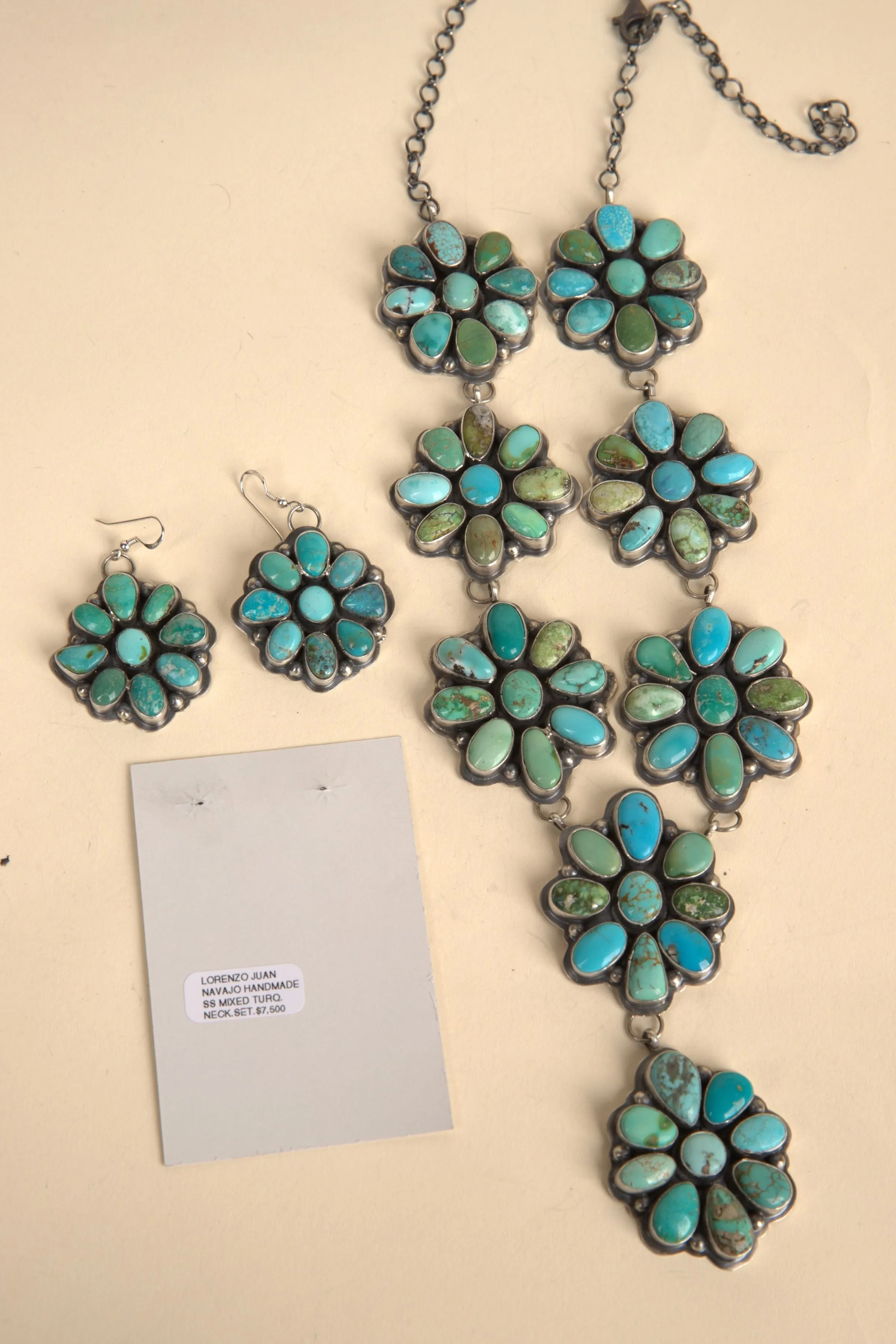 Navajo Handmade Mixed Turquoise Necklace and Earring Set - 14