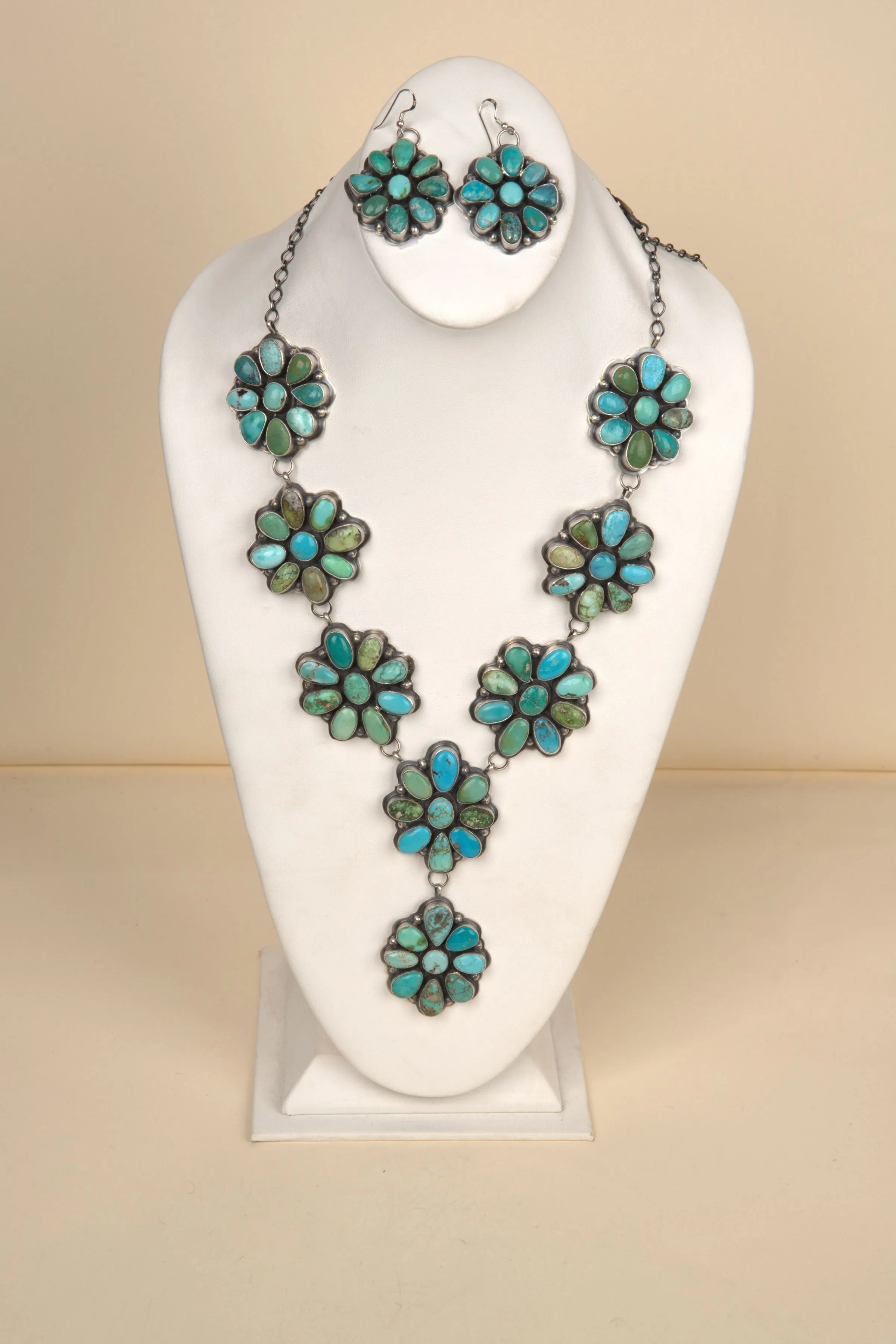 Navajo Handmade Mixed Turquoise Necklace and Earring Set - 14