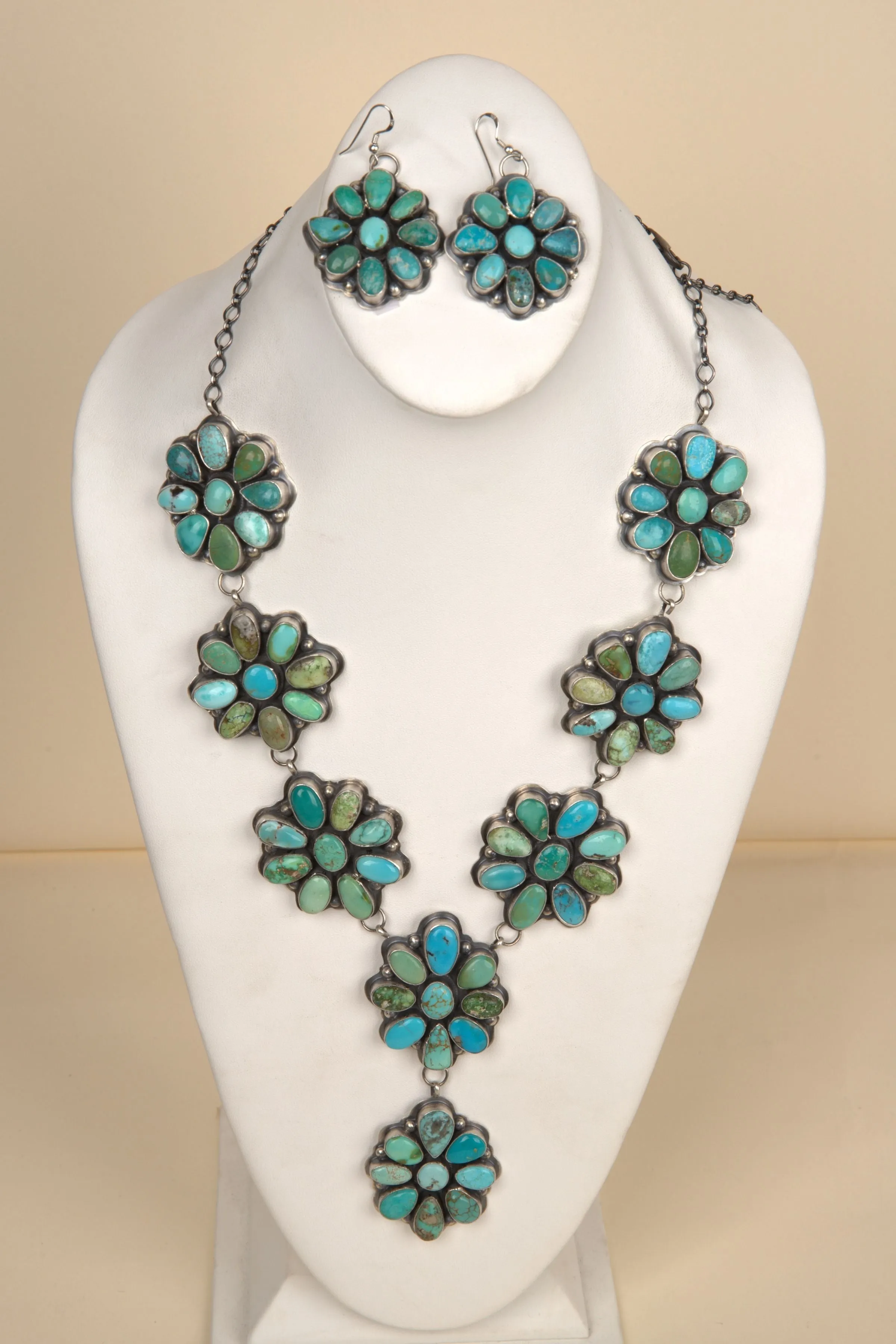 Navajo Handmade Mixed Turquoise Necklace and Earring Set - 14