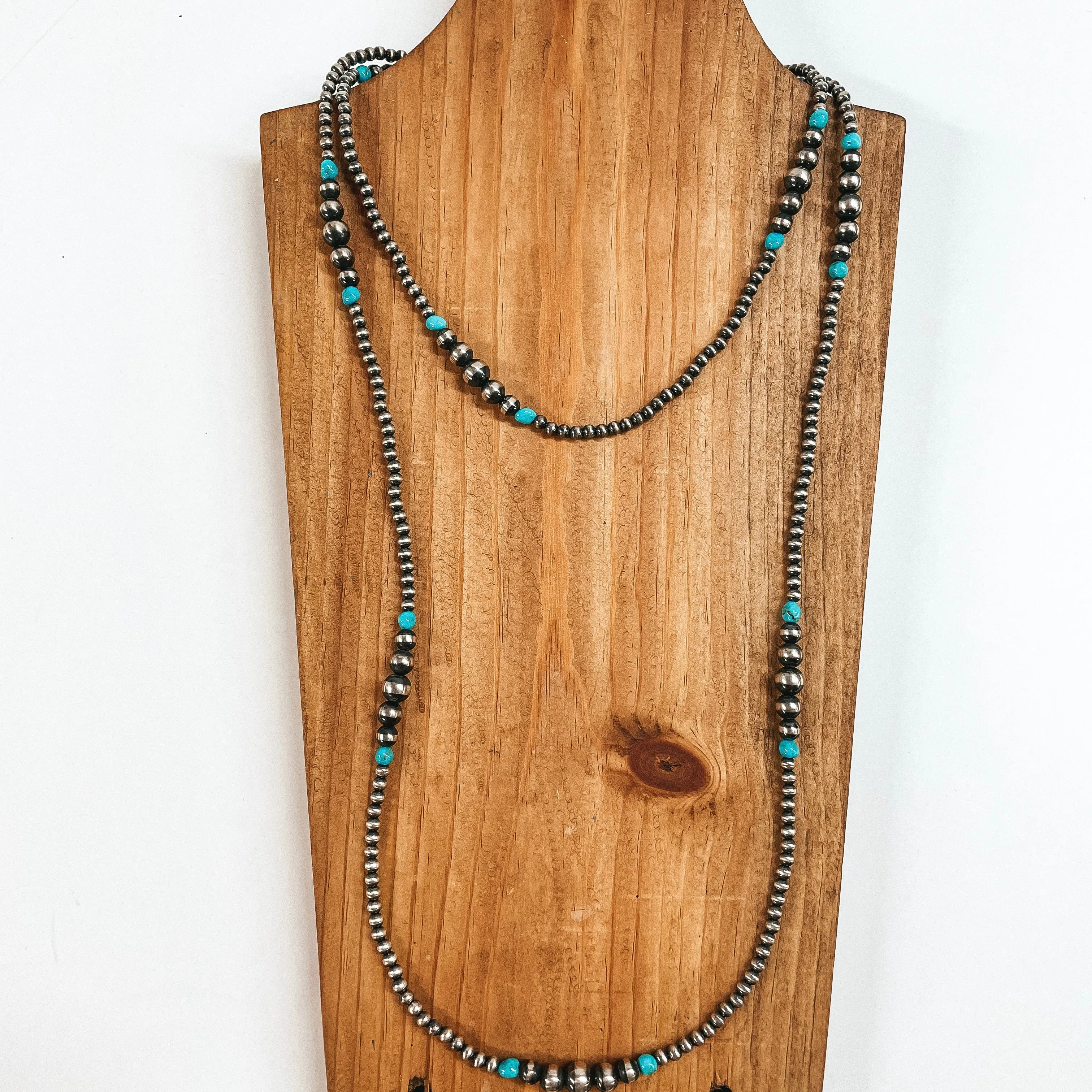 Navajo | Navajo Handmade Sterling Silver Graduated Navajo Pearl Necklace with Turquoise Beads