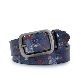 Navy Blue Splicing Graffiti Pattern Genuine Leather Belt