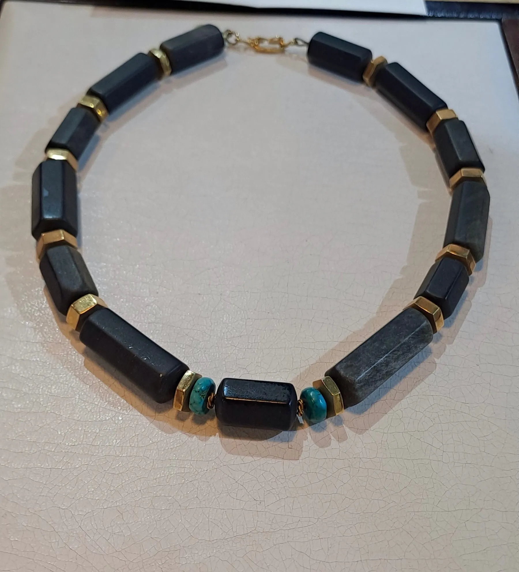 Necklace in 18k gold with Black Obsidian and Turquoise stones