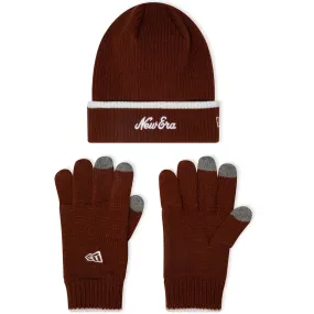 New Era Mens Script Bobble Hat Gloves Set - Dark Brown