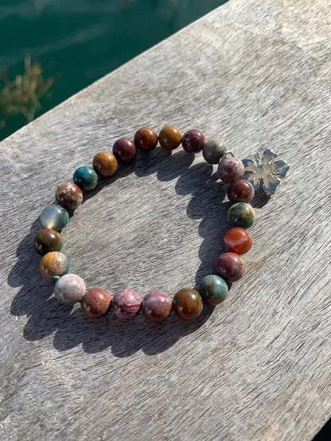 Ocean Jasper bead bracelet with Dune hibiscus charm- Florida Keys sand