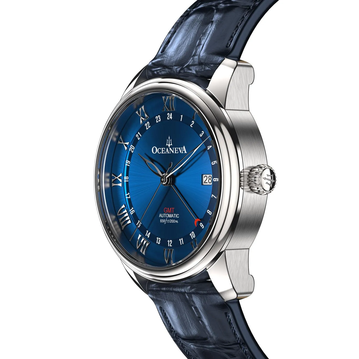 Oceaneva Men's OceanTrek GMT Automatic 200m Leather Watch Blue