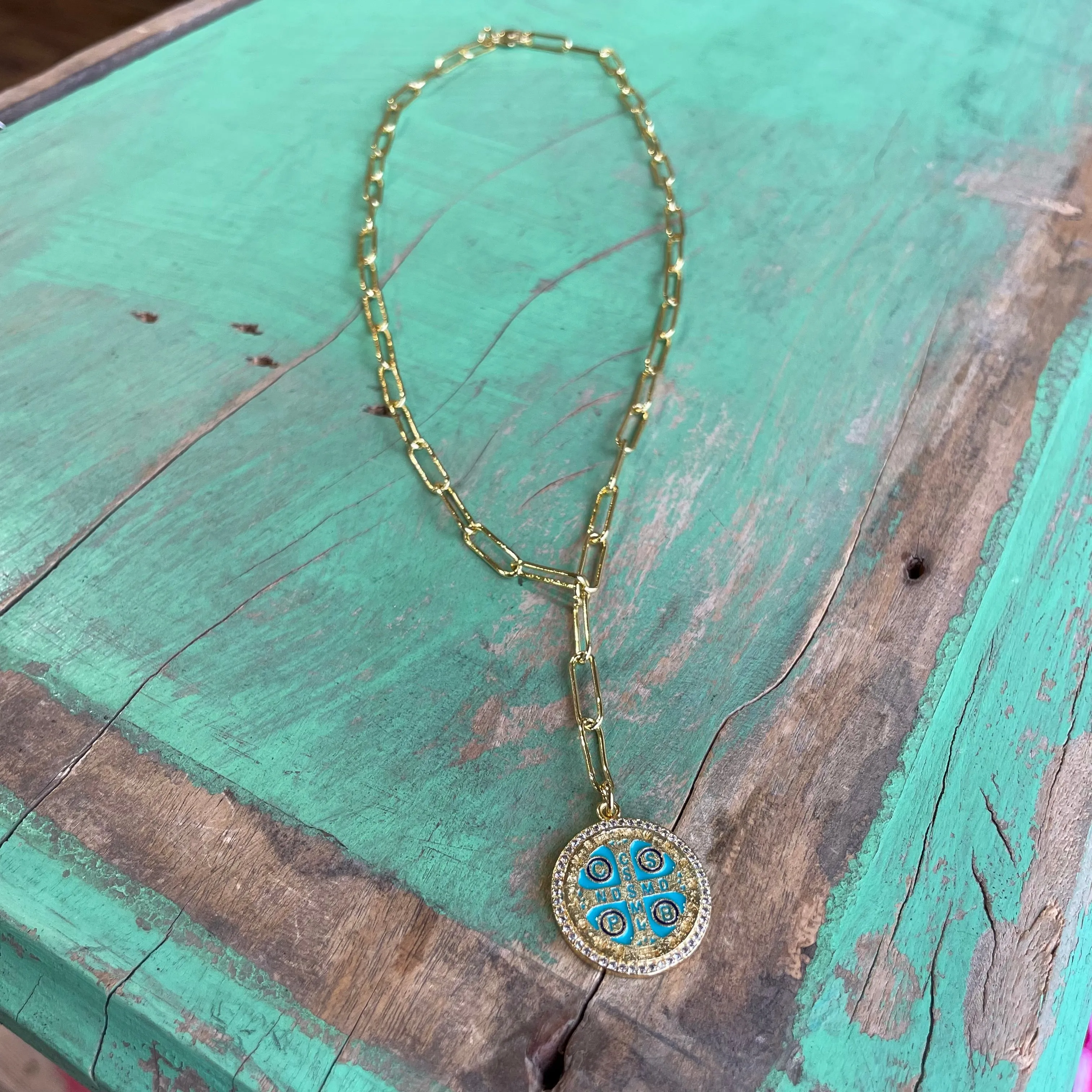 Paperclip Turquoise St Benedict Drop Necklace