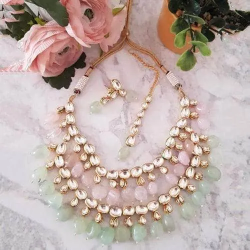 Peach Mint Green Layered Necklace Set