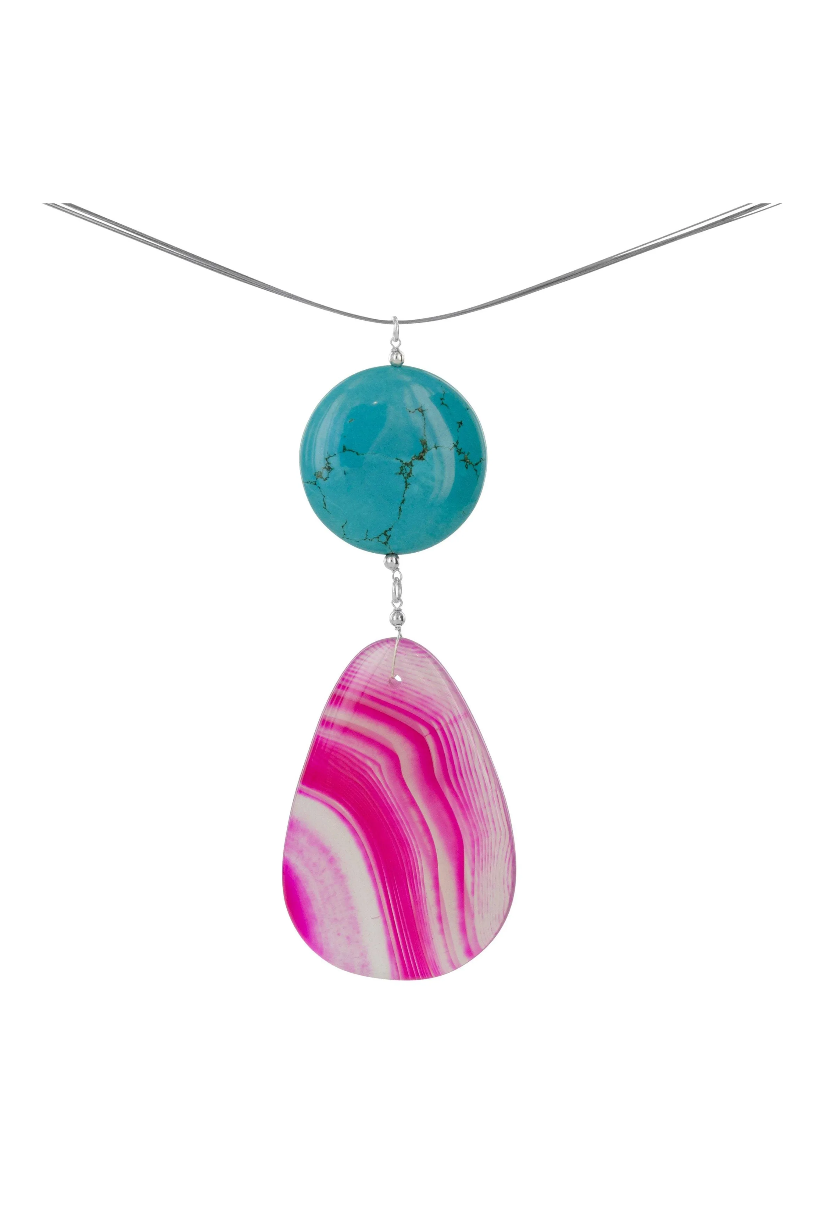 Pink Agate, Blue Turquoise Gemstone Large Pendant