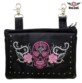 Pink & White Sugar Skull Naked Cowhide Leather Gun Holster Belt Bag with Studs