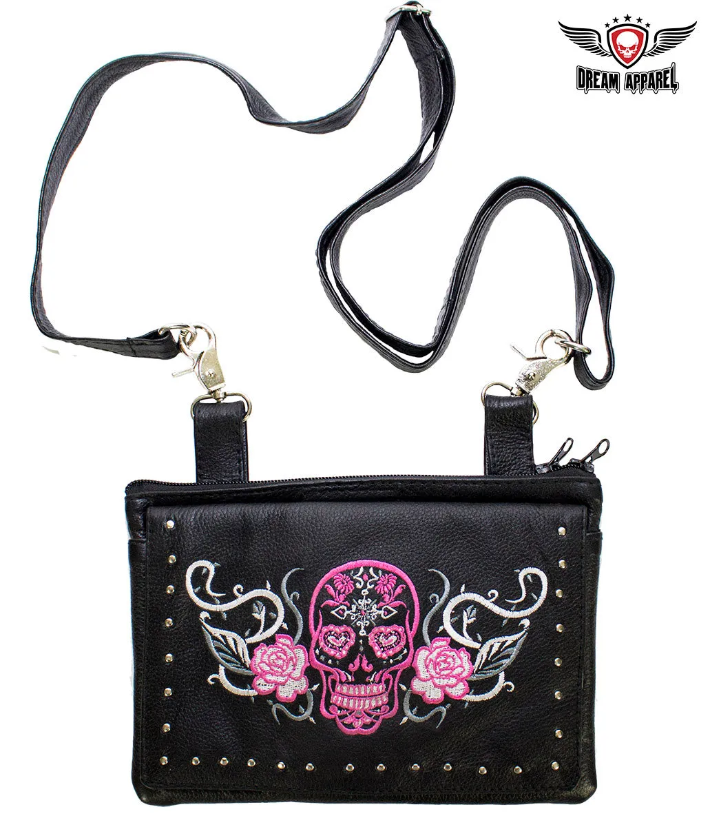 Pink & White Sugar Skull Naked Cowhide Leather Gun Holster Belt Bag with Studs