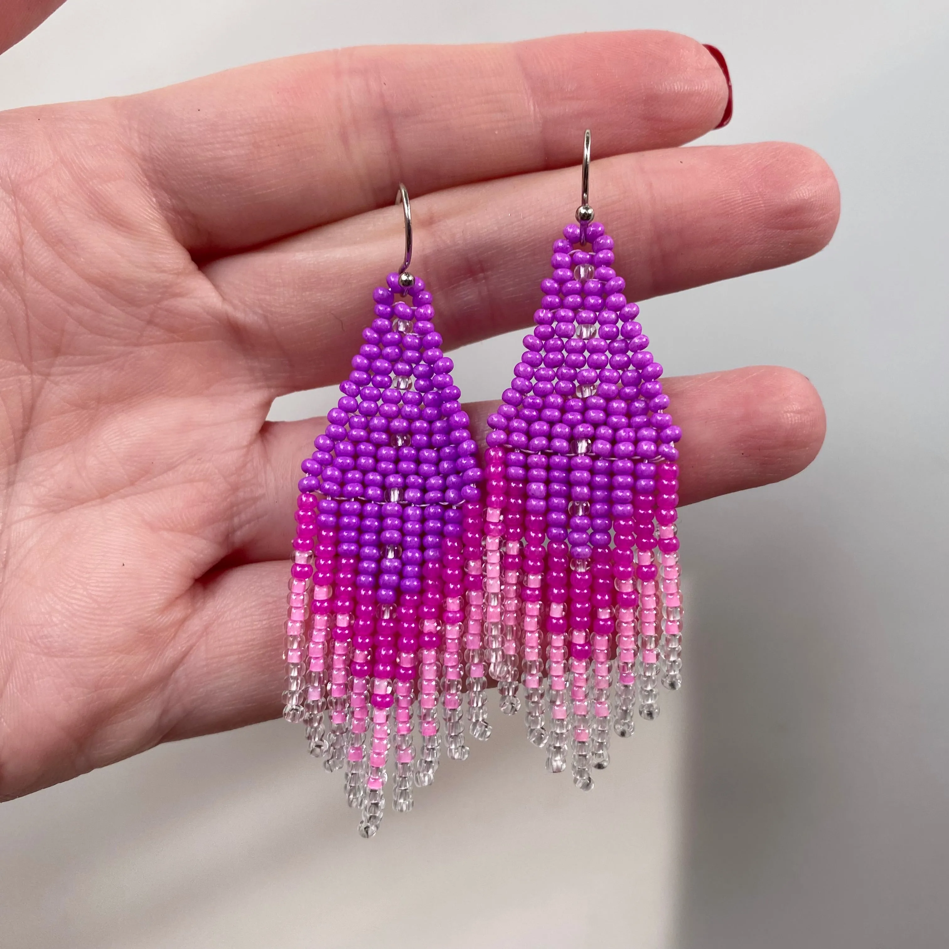 Pink Seed Bead Earrings. Fringe Chandelier Earrings for Women. Long Dangle Earring. Purple Ombre Earrings.