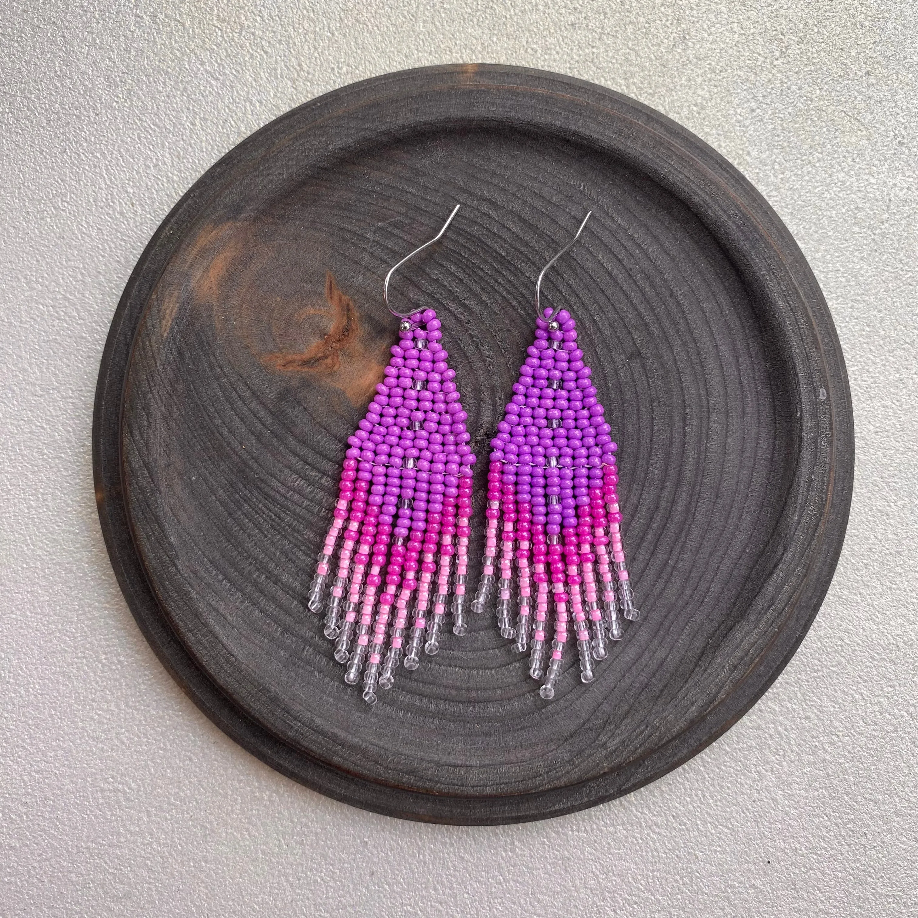 Pink Seed Bead Earrings. Fringe Chandelier Earrings for Women. Long Dangle Earring. Purple Ombre Earrings.