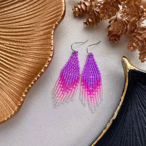 Pink Seed Bead Earrings. Fringe Chandelier Earrings for Women. Long Dangle Earring. Purple Ombre Earrings.