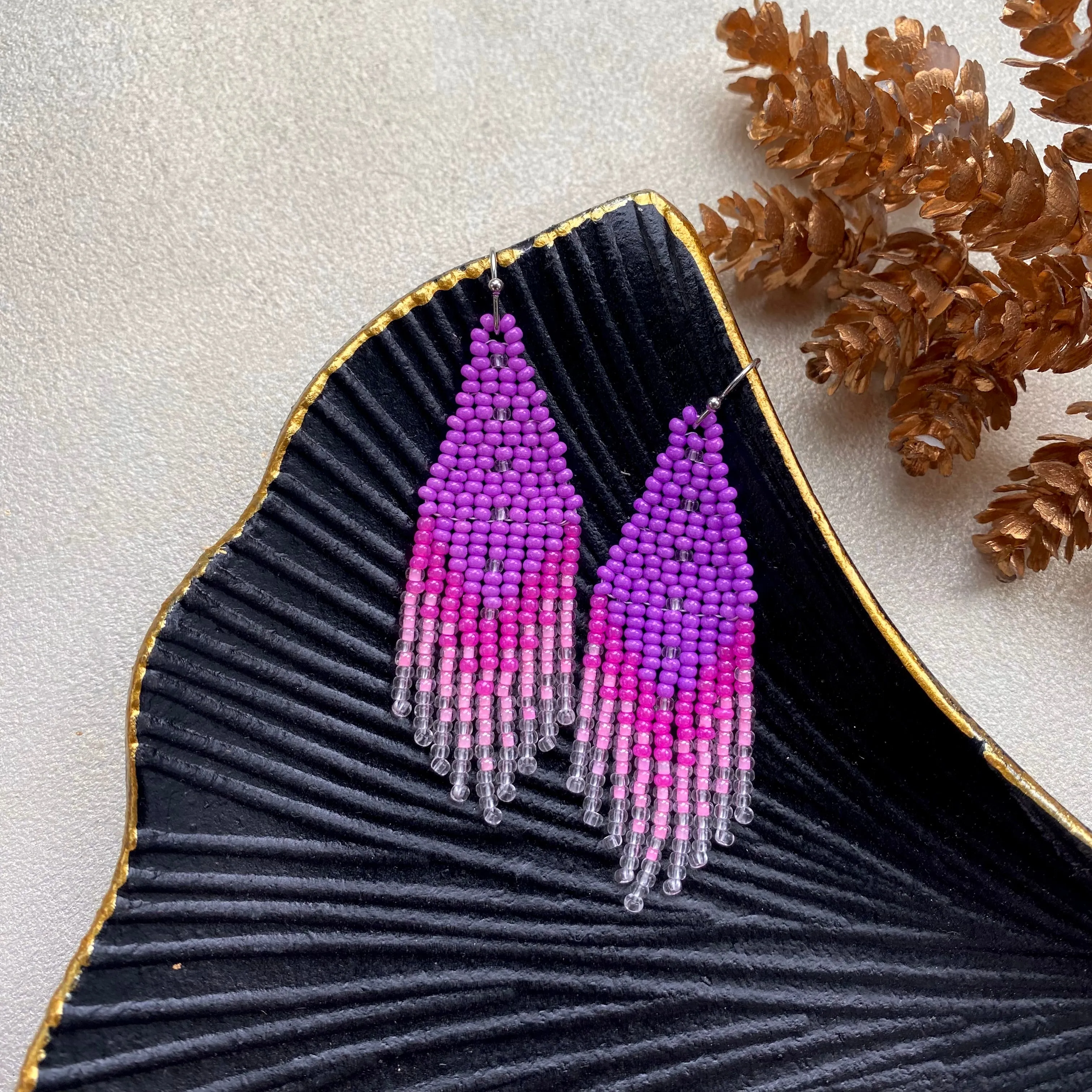 Pink Seed Bead Earrings. Fringe Chandelier Earrings for Women. Long Dangle Earring. Purple Ombre Earrings.