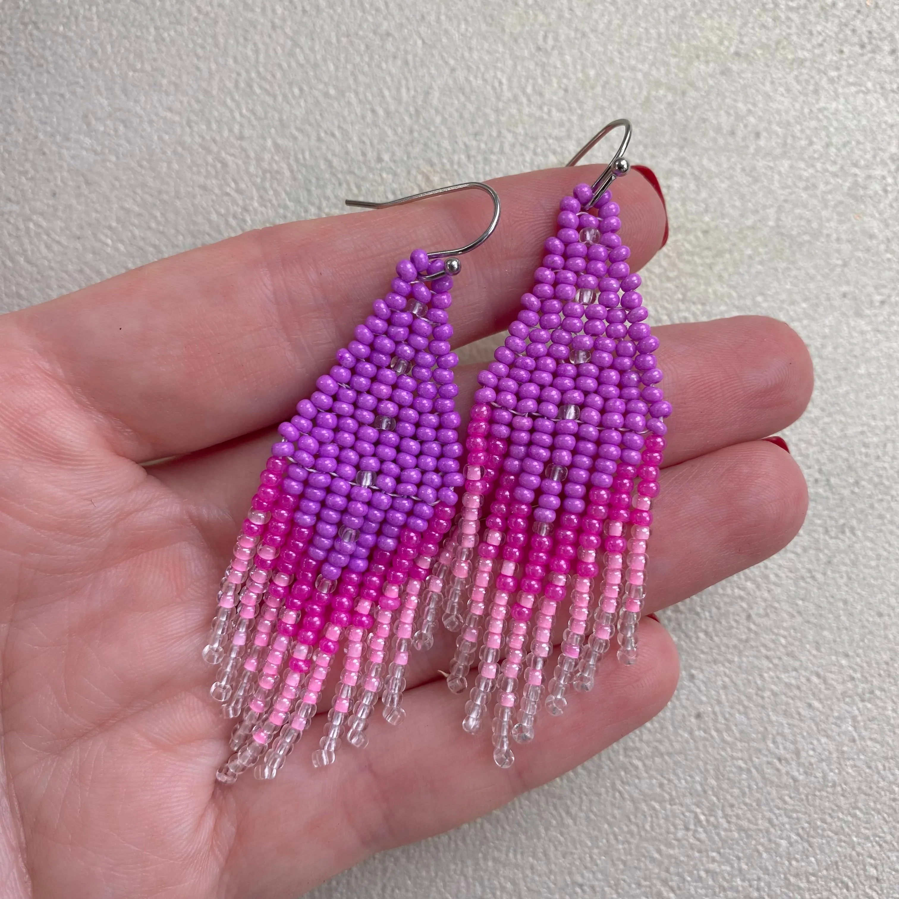 Pink Seed Bead Earrings. Fringe Chandelier Earrings for Women. Long Dangle Earring. Purple Ombre Earrings.