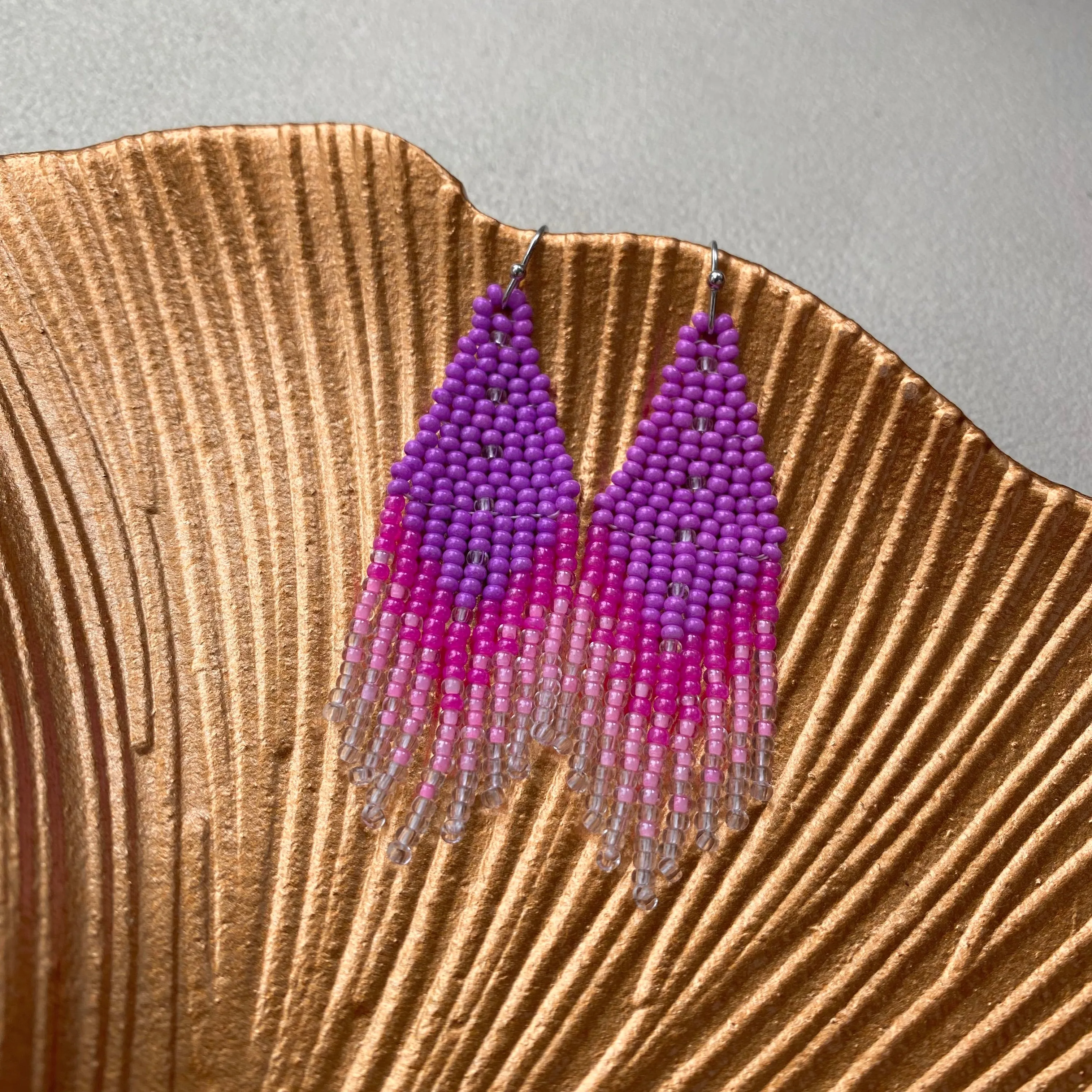 Pink Seed Bead Earrings. Fringe Chandelier Earrings for Women. Long Dangle Earring. Purple Ombre Earrings.