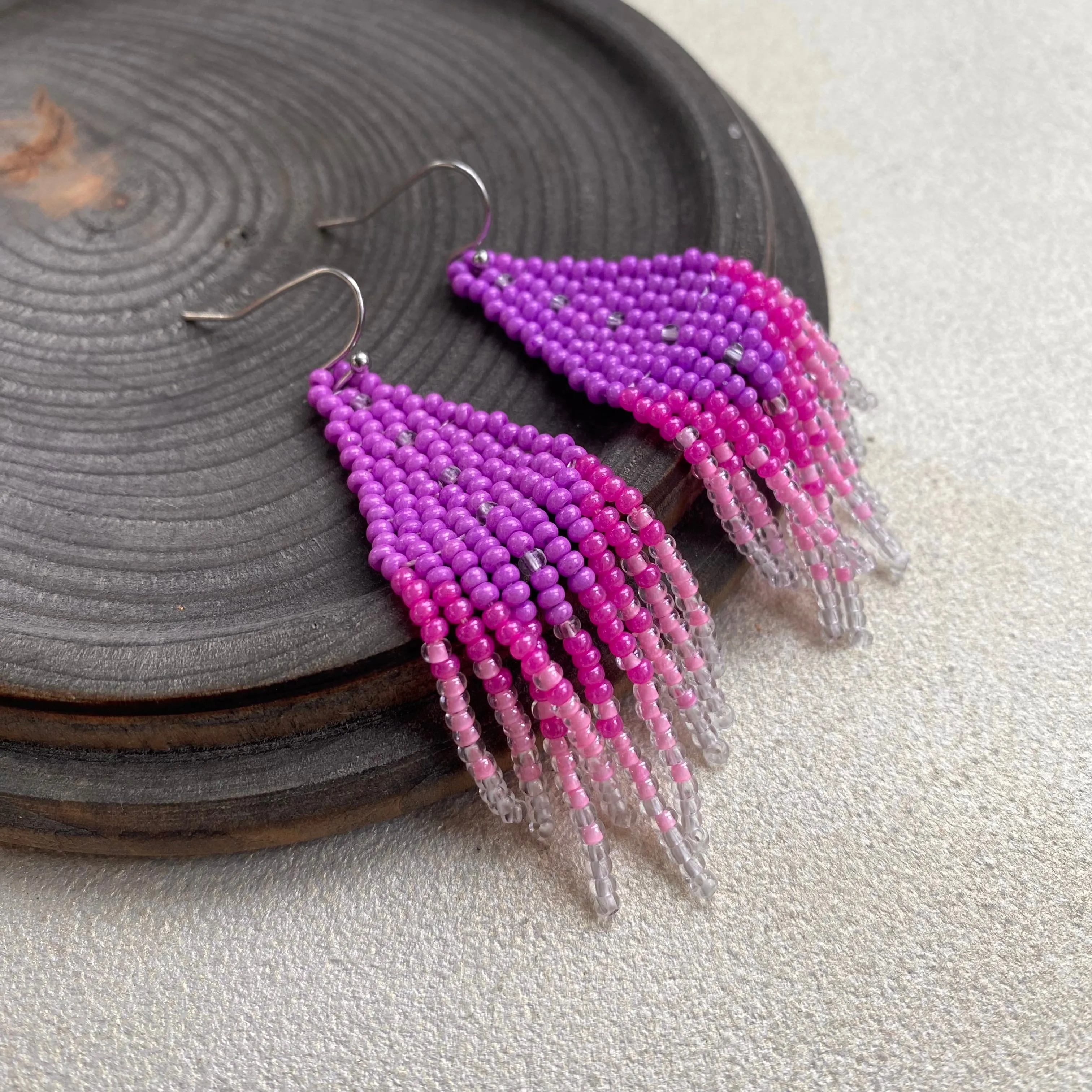 Pink Seed Bead Earrings. Fringe Chandelier Earrings for Women. Long Dangle Earring. Purple Ombre Earrings.