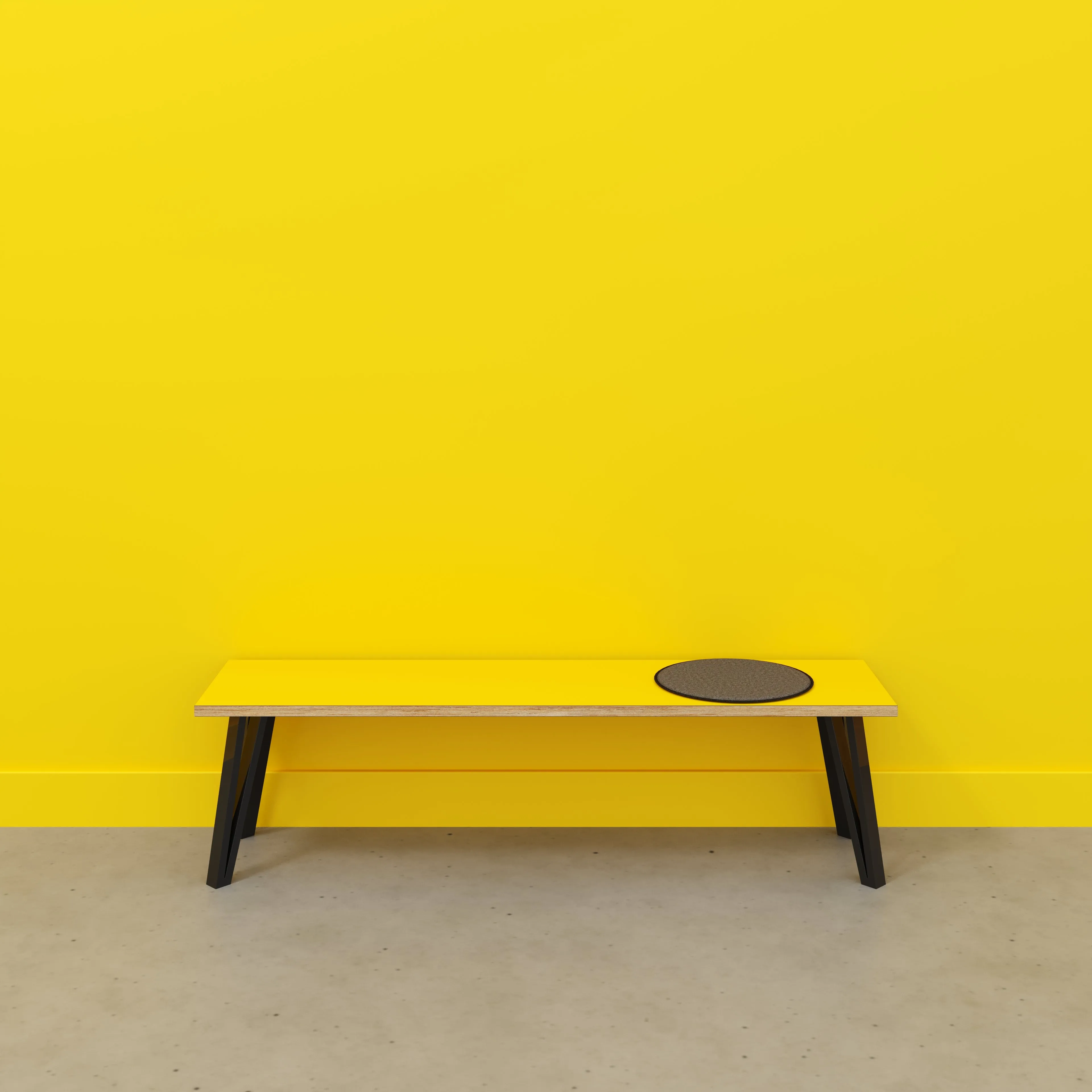 Plywood Bench Seat with Black Box Hairpin Legs - Formica Chrome Yellow - 1600(w) x 400(d) x 450(h)