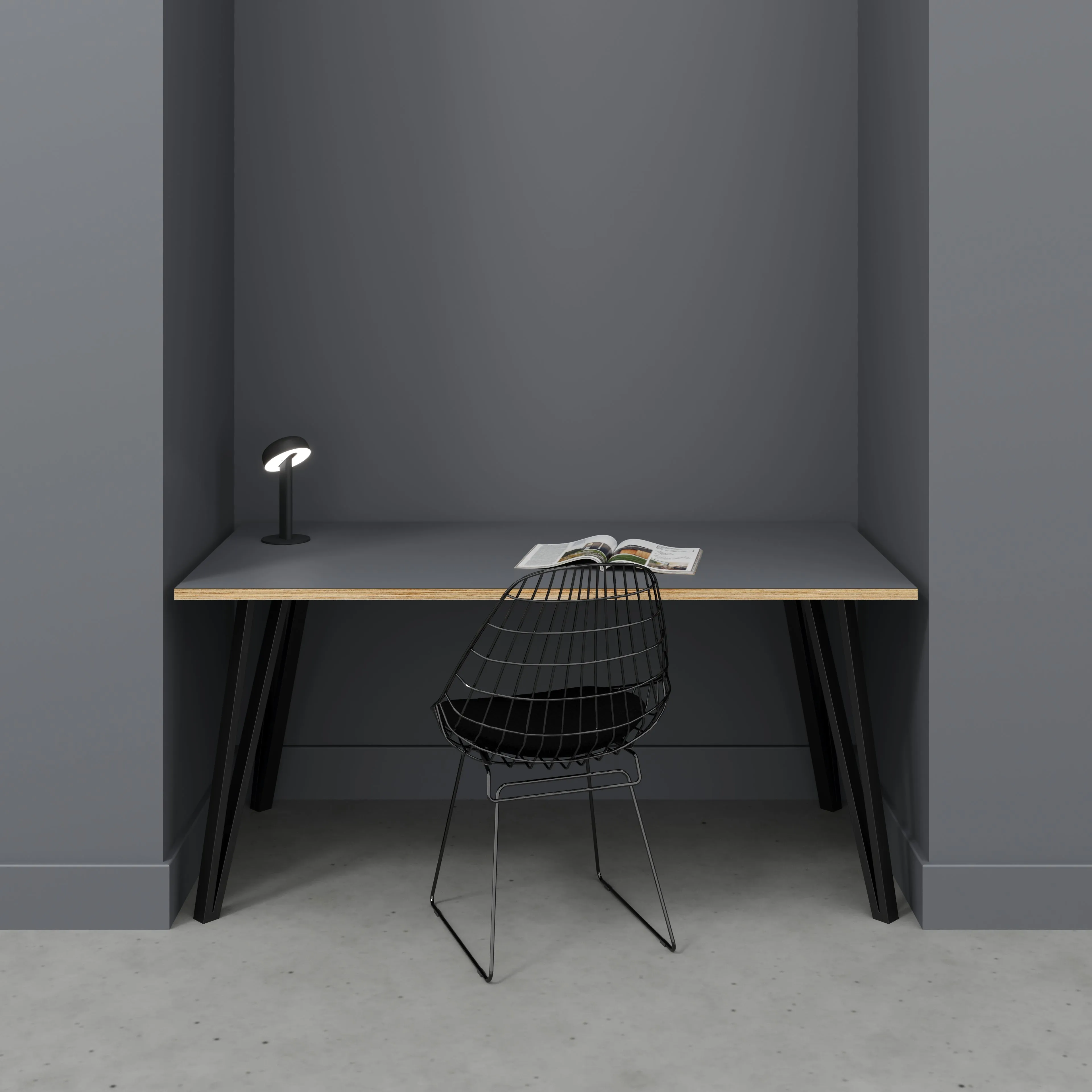 Plywood Desk with Black Box Hairpin Legs - Formica Tornado Grey - 1600(w) x 800(d) x 735(h)