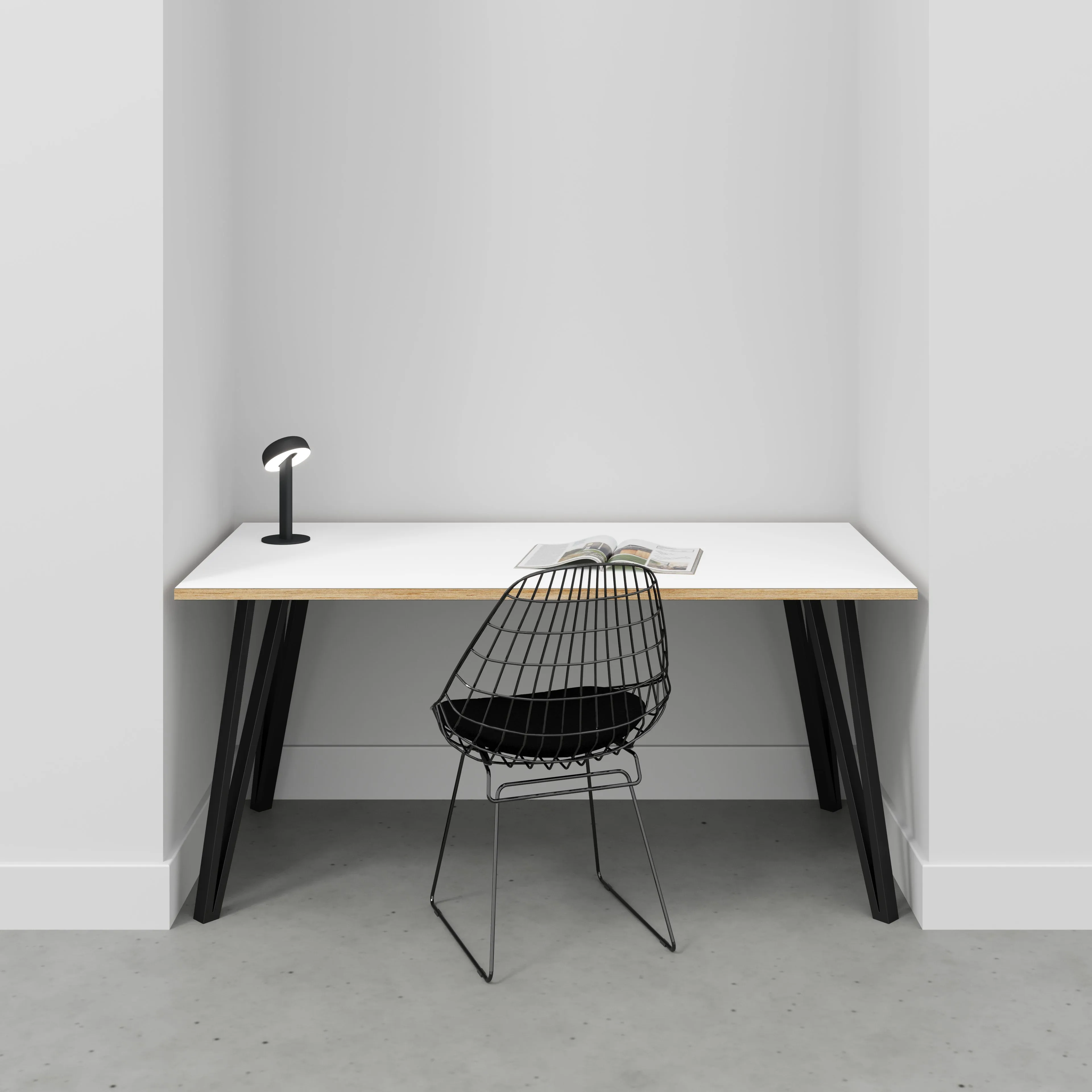 Plywood Desk with Black Box Hairpin Legs - Formica White - 1600(w) x 800(d) x 735(h)