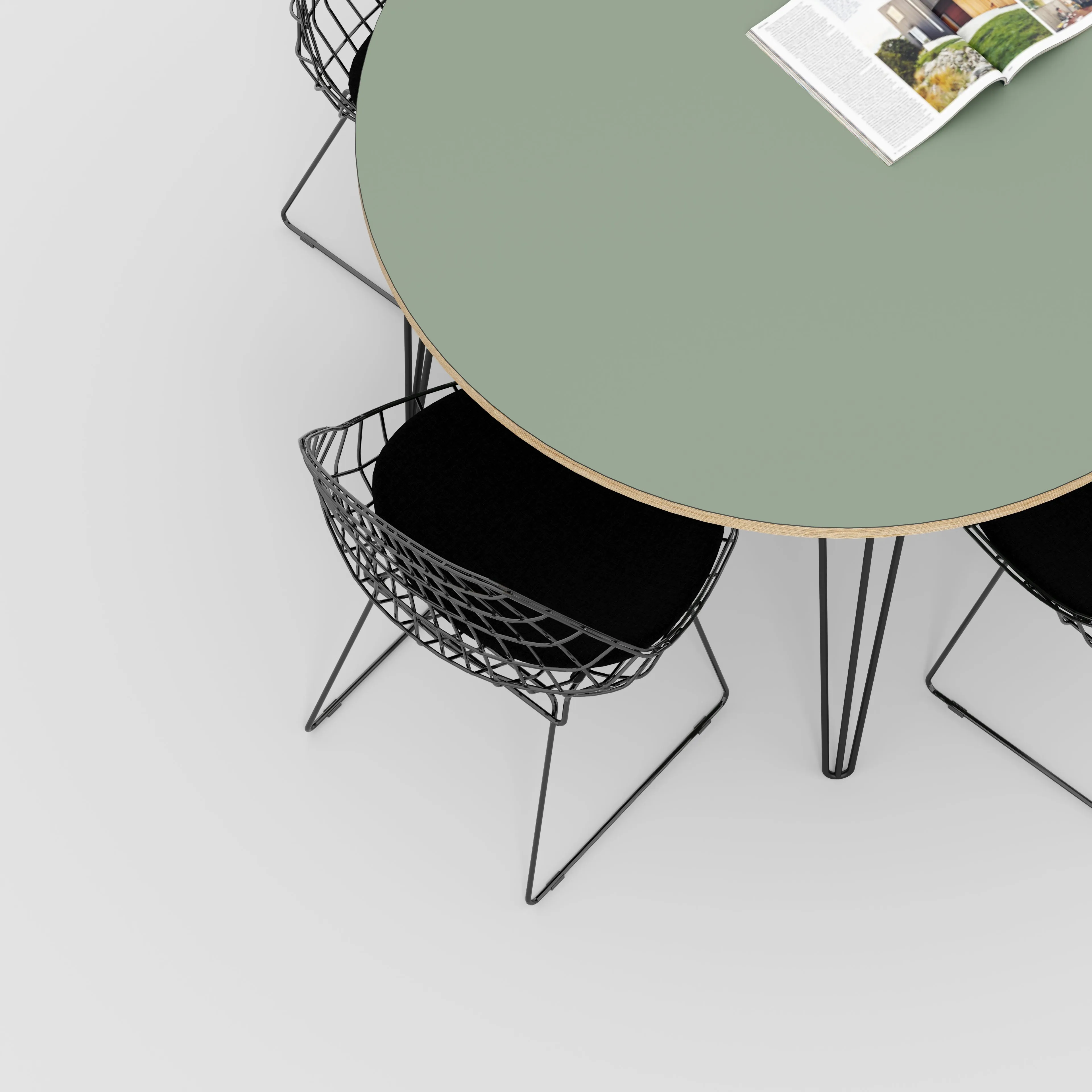 Plywood Round Table with Black Hairpin Legs - Formica Green Slate - 1200(dia) x 735(h)